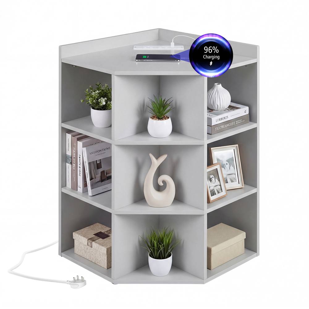 Costway 4-Tier Wooden Corner Bookcase 9 Cubbies Bookshelf w/ Charging Station in Grey