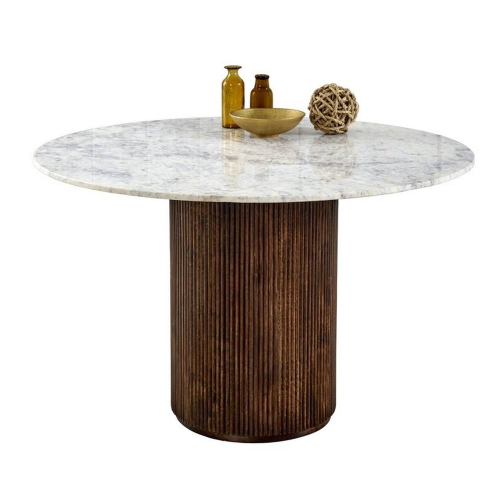 Indian Hub Opal Dining Table Round with Marble Top & Mango Wood Base in Brown