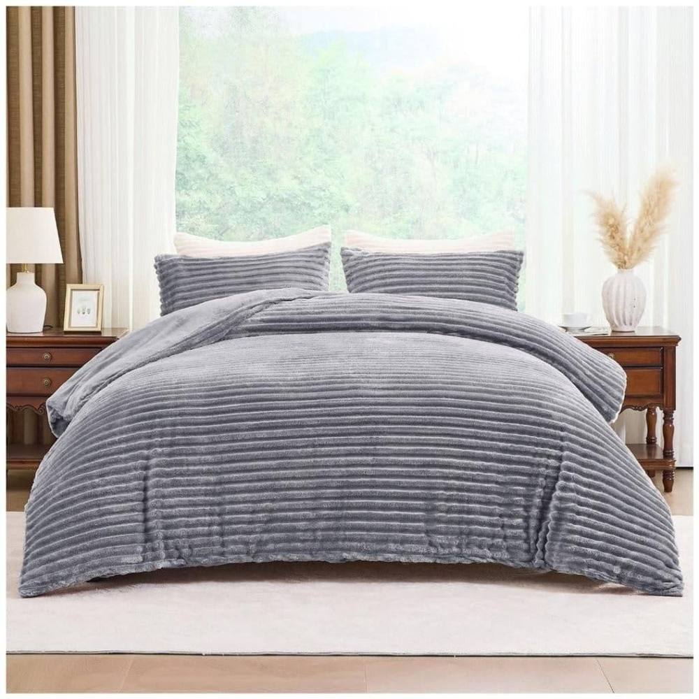 HOME LUXE INTERIOR Plush Faux Fur Chunky Ribbed Faux Fur Grey Bedding Duvet Set - King