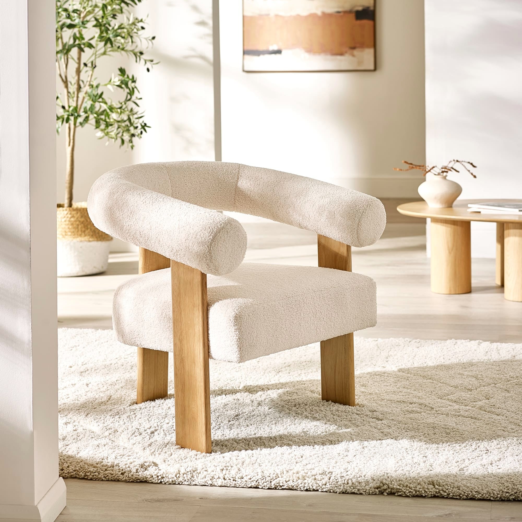Freya - Accent Chair - White - Boucle Fabric - Happy Beds