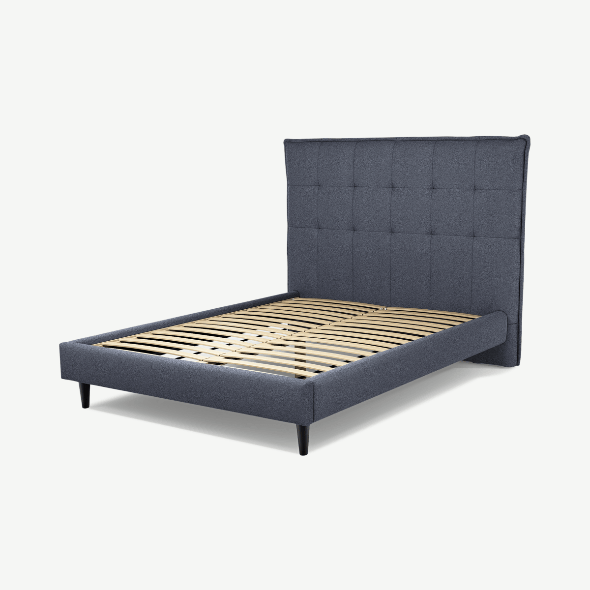 Lamas Double Bed, Navy Wool with Black Stain Oak Legs