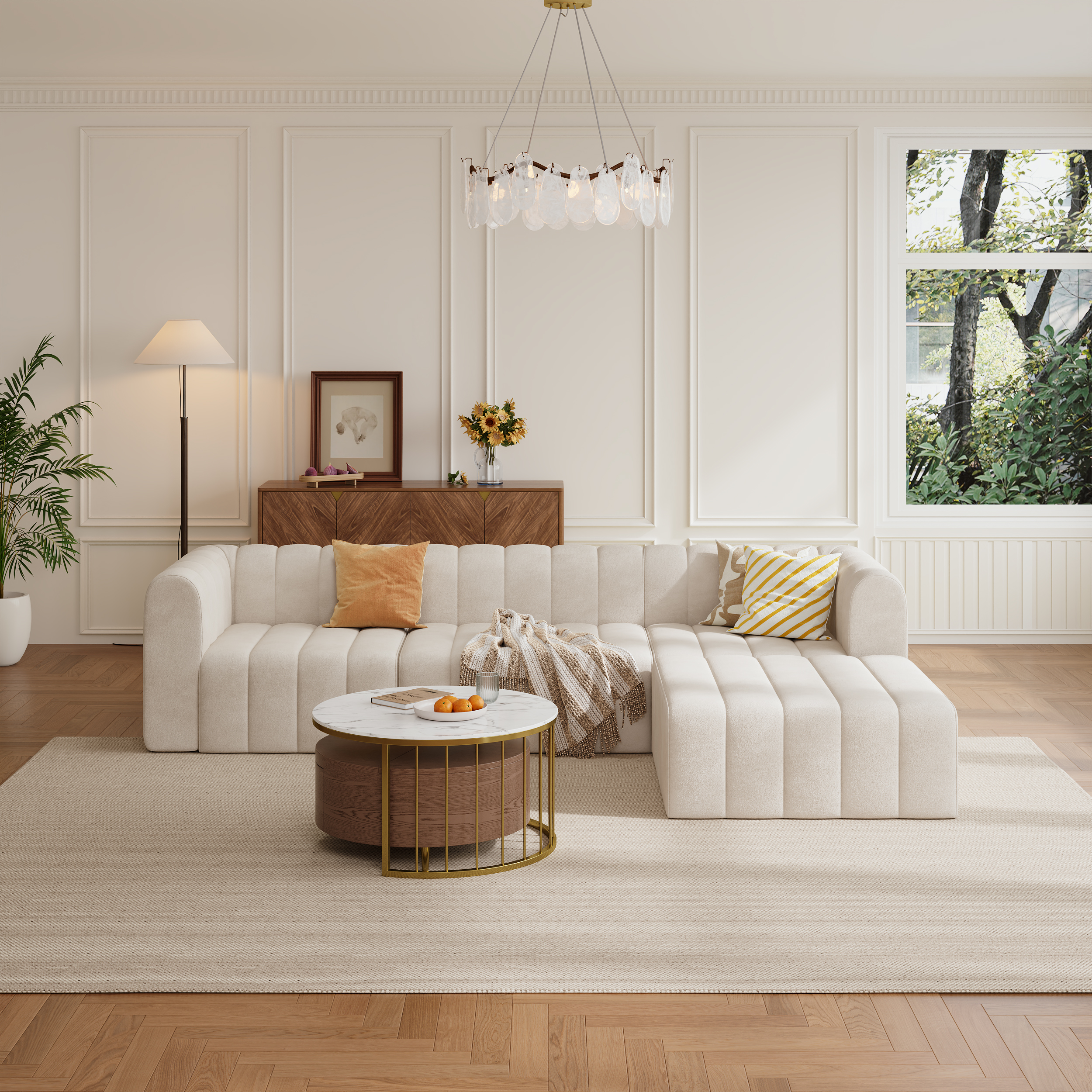 3020mm Modern Off White Velvet Modular Pit Sectional Sofa Set Convertible 4-Piece Upholstered