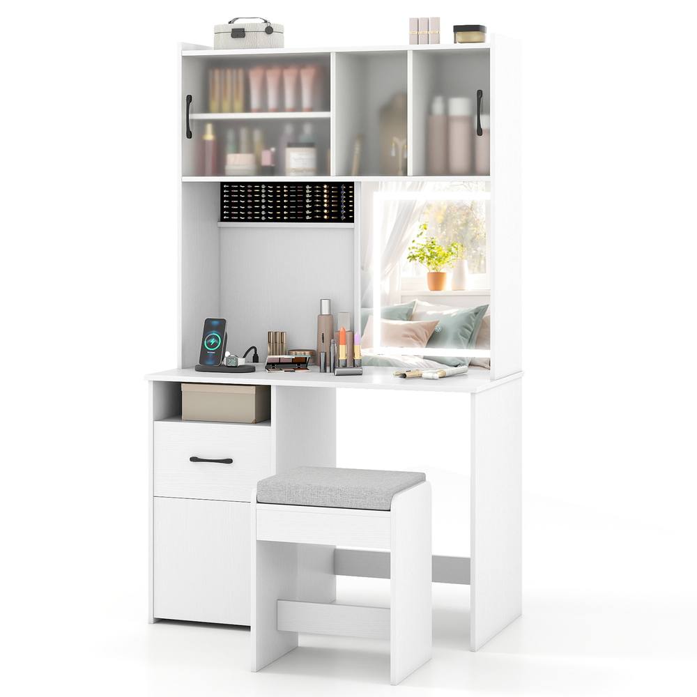 Costway Vanity Desk w/ Mirror & Lights Makeup Dressing Table w/ Power Outlets in White
