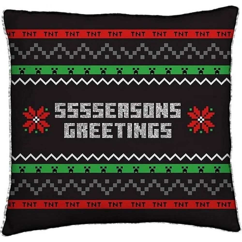 Minecraft Seasons Greetings Square Christmas Filled Cushion in Black