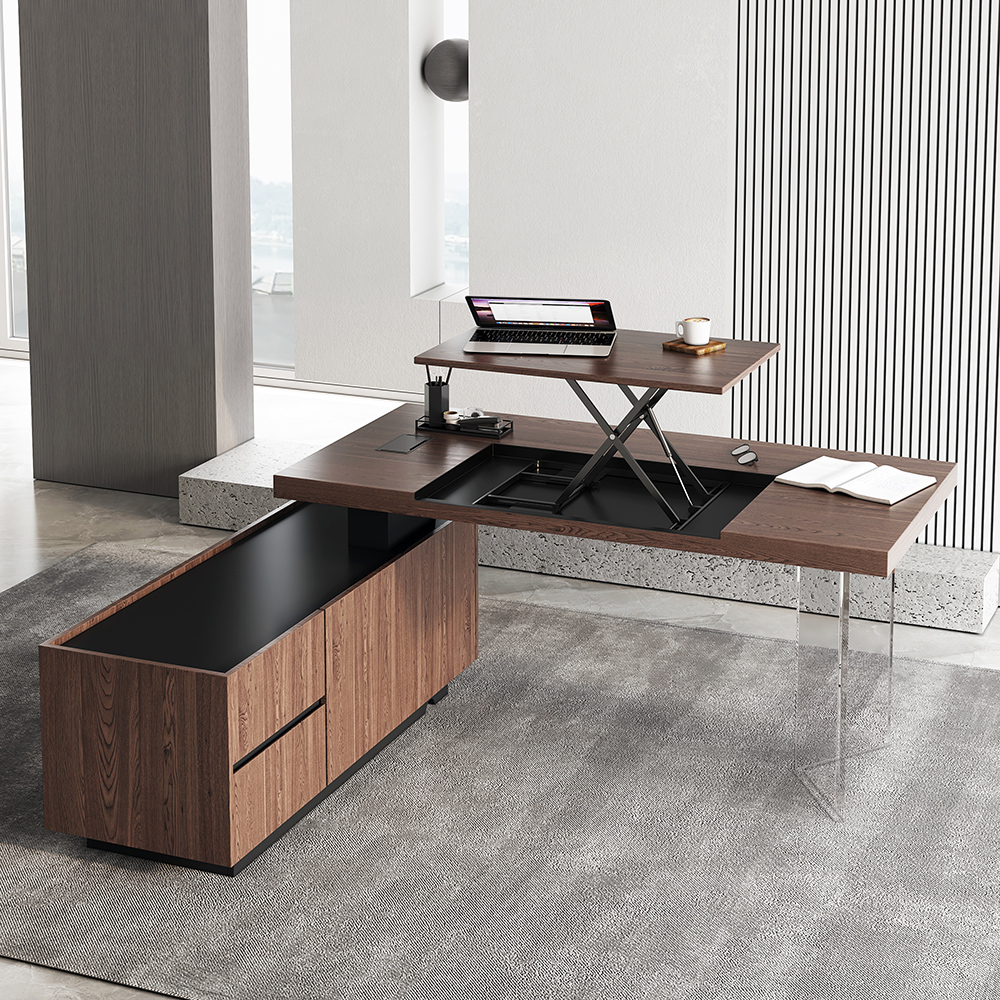 1815mm  Modern Walnut L-Shape Executive Desk with Side Cabinet Height Adjustable Desktop Standing Desk with Clear Arcylic Leg