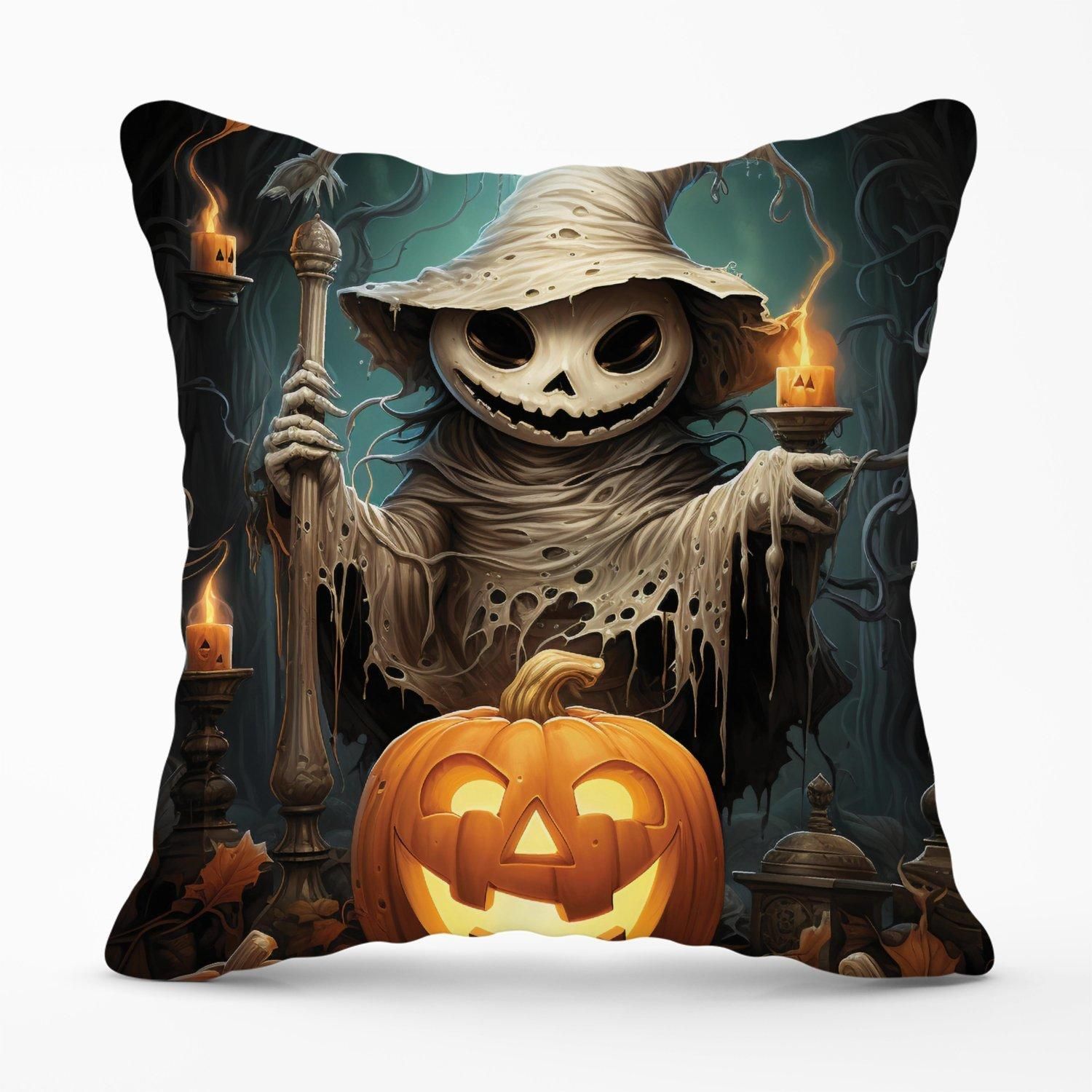 Warren Reed - Designer Creepy Ghost With Pumpkins Outdoor Cushion in Orange