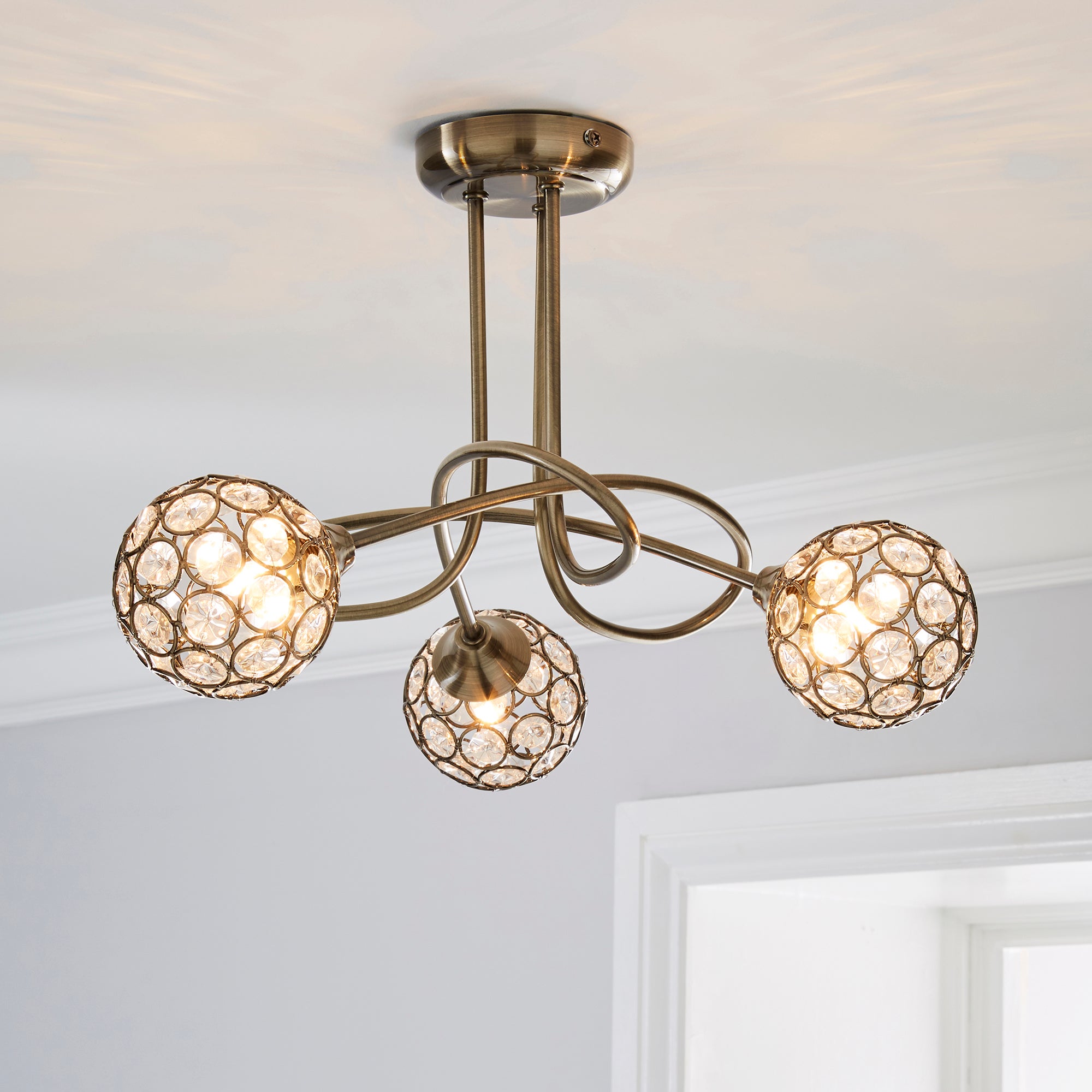 Sphere 3 Light Glass Ceiling Fitting Antique Brass
