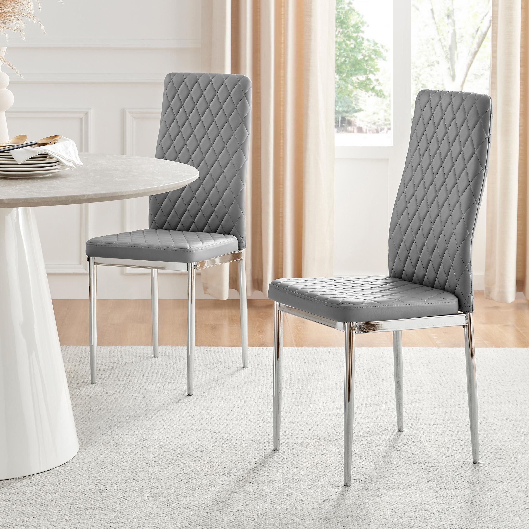 FurnitureboxUK Set of 6 Milan High Back Soft Touch Diamond Pattern Faux Leather Dining Chairs With Silver Chrome Metal Legs in Grey