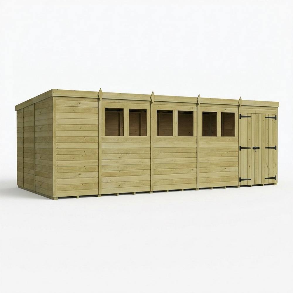 Buttercup Farm 19ft x 9ft Pent Garden Shed Double Door With Windows - Timber in Brown