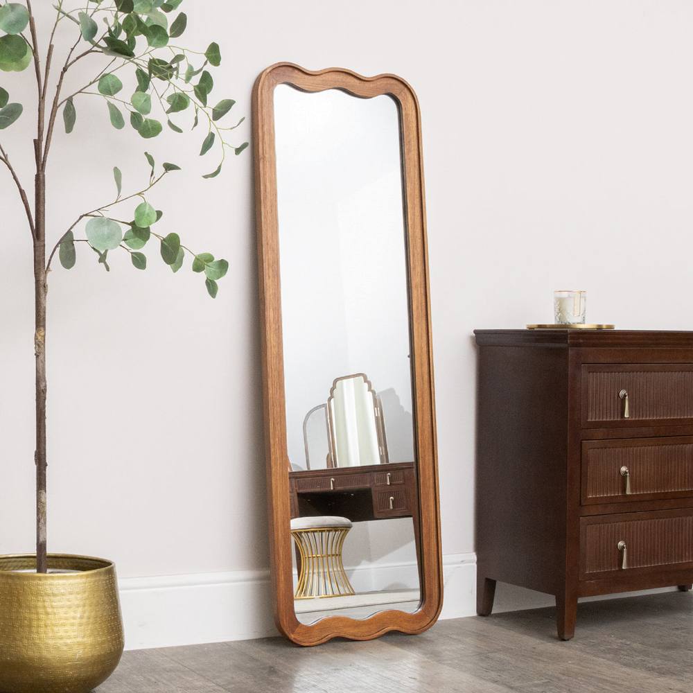 Melody Maison Natural Wood Wavy Edge Full Length Wall & Leaner Mirror - 47cm X 142cm in Brown