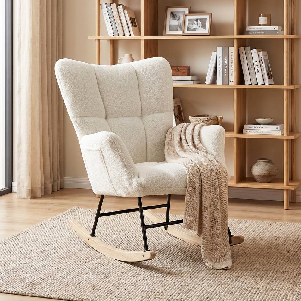 HOMCOM Tufted Rocking Chair with Side Pockets in Cream