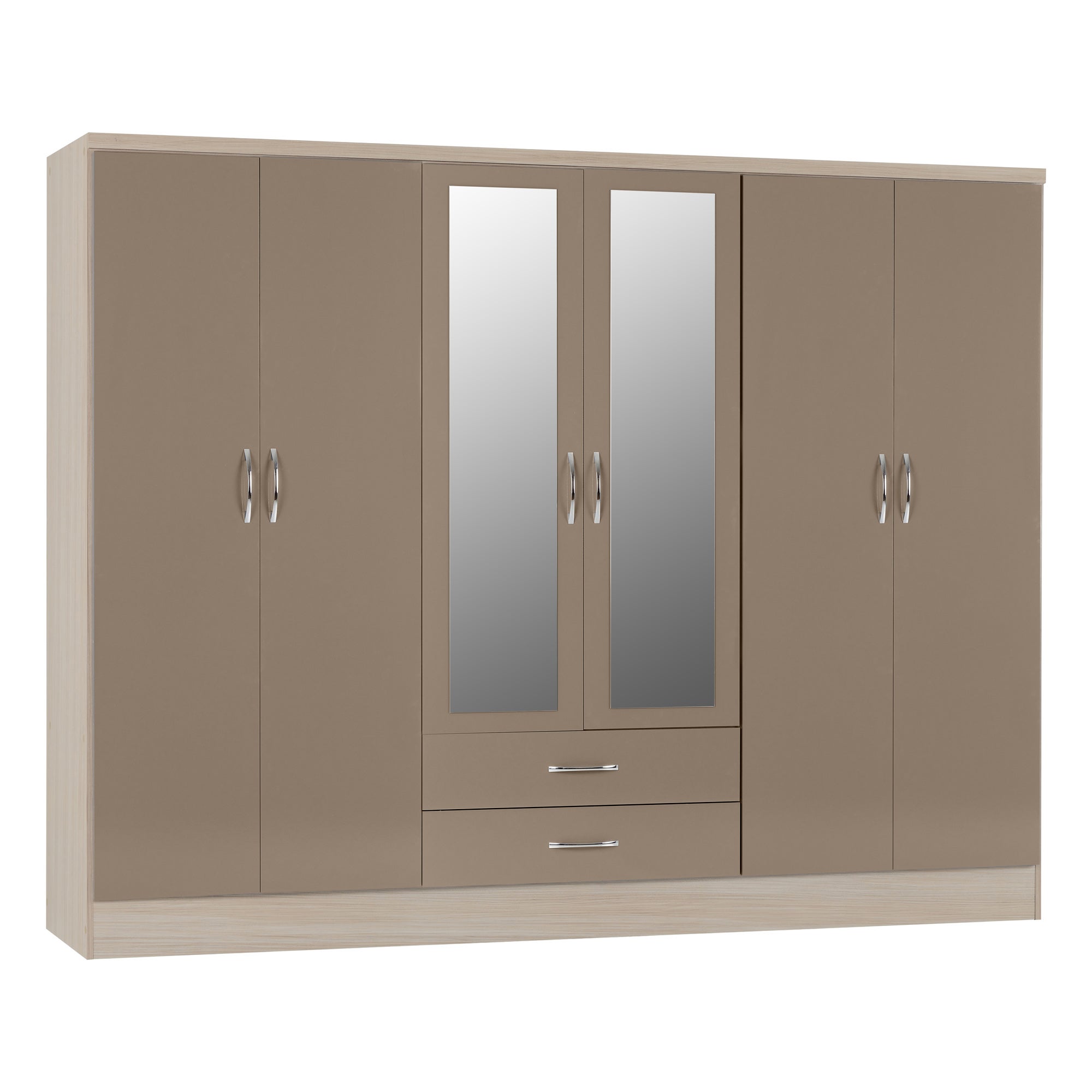 Nevada 6 Door 2 Drawer Oyster Mirrored Wardrobe Grey