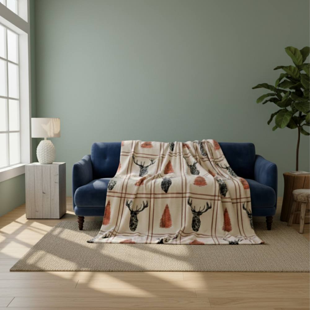 Snug City Stag Print Christmas Throw Blanket Cozy Festive Holiday Decor Gift in Cream