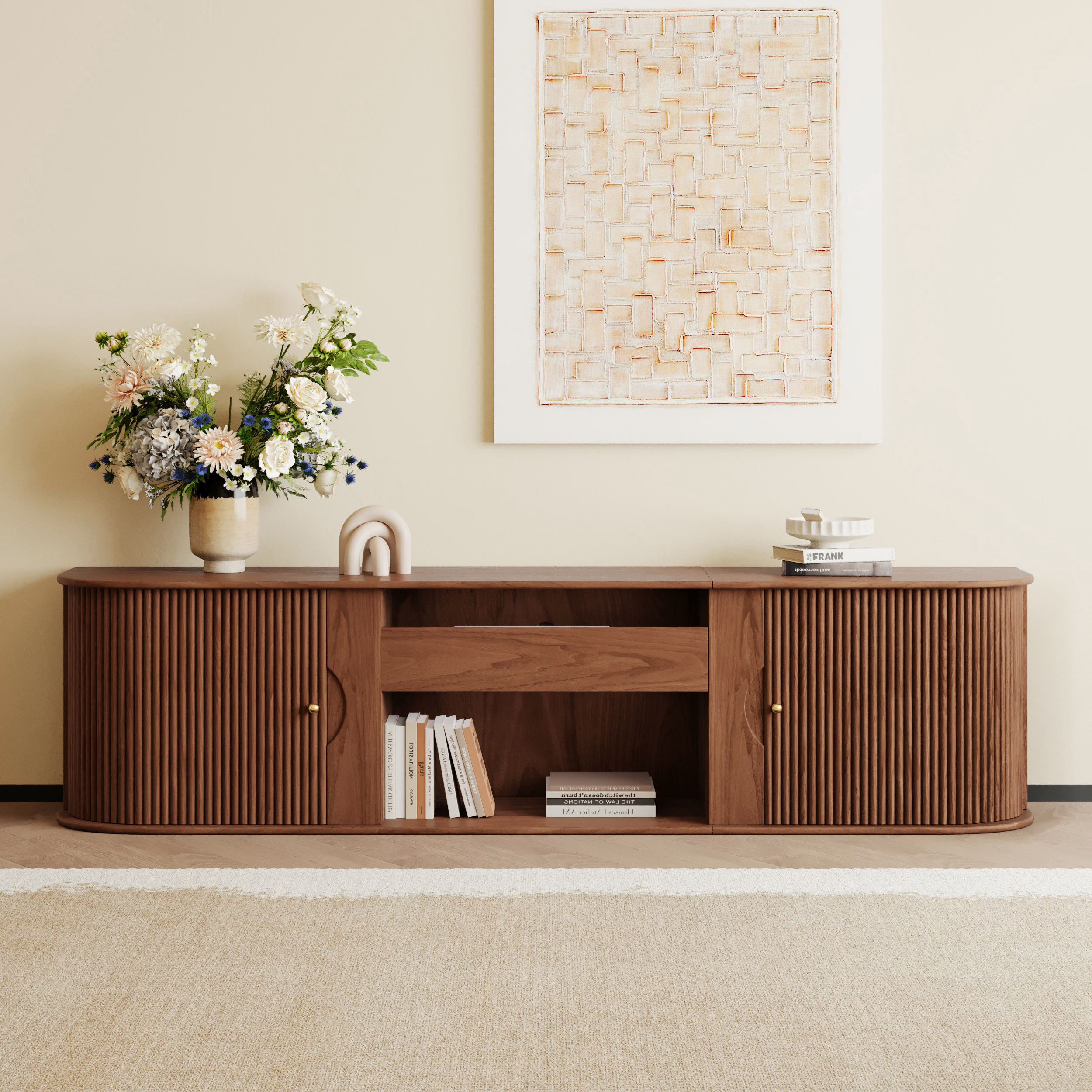 210 cm Ash Wood Fluted TV Stand Mid Century Modern Media Console with UST Projector Cabinet & LED in Walnut