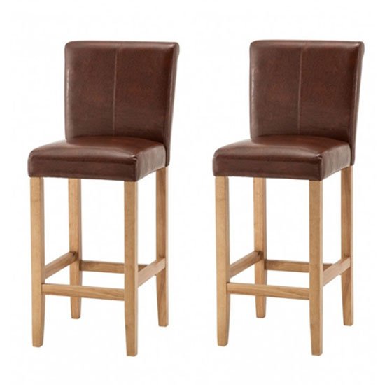 Wilton Brown Leather Bar Stool With Oak Leg In Pair