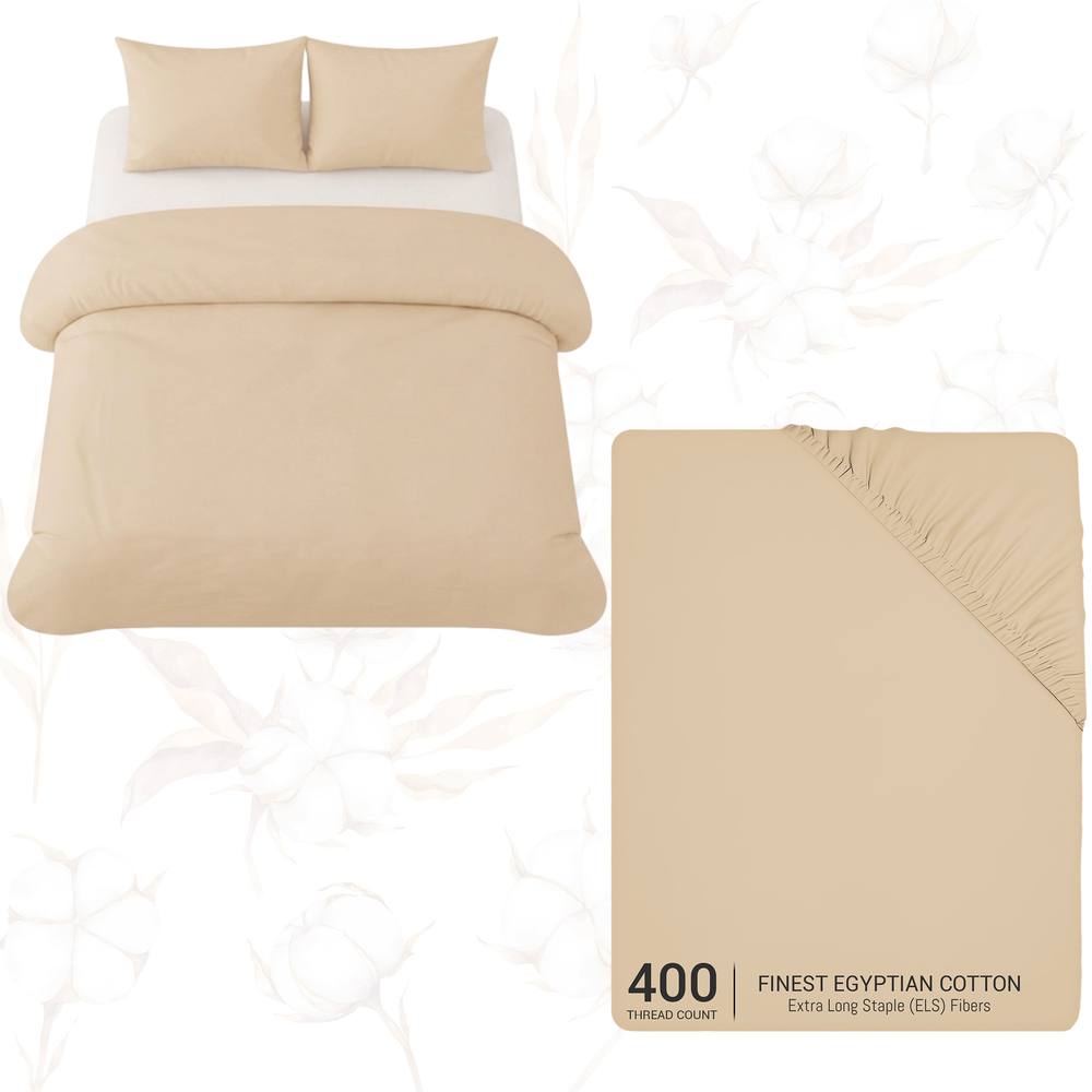 Grace Luxury Double Duvet Cover Set with Matching Fitted Sheet in Beige