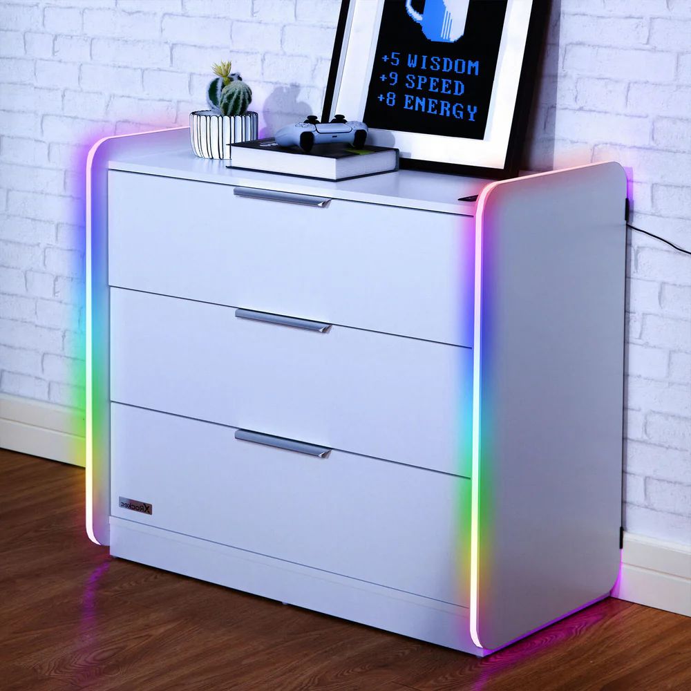 X Rocker Electra Chest of 3 Drawers Sideboard with LED Lights in White