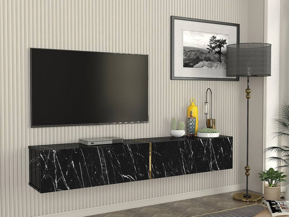 Vente-unique Wall - Mounted TV Stand With 2 Doors - Black Marble Effect - DINOMA