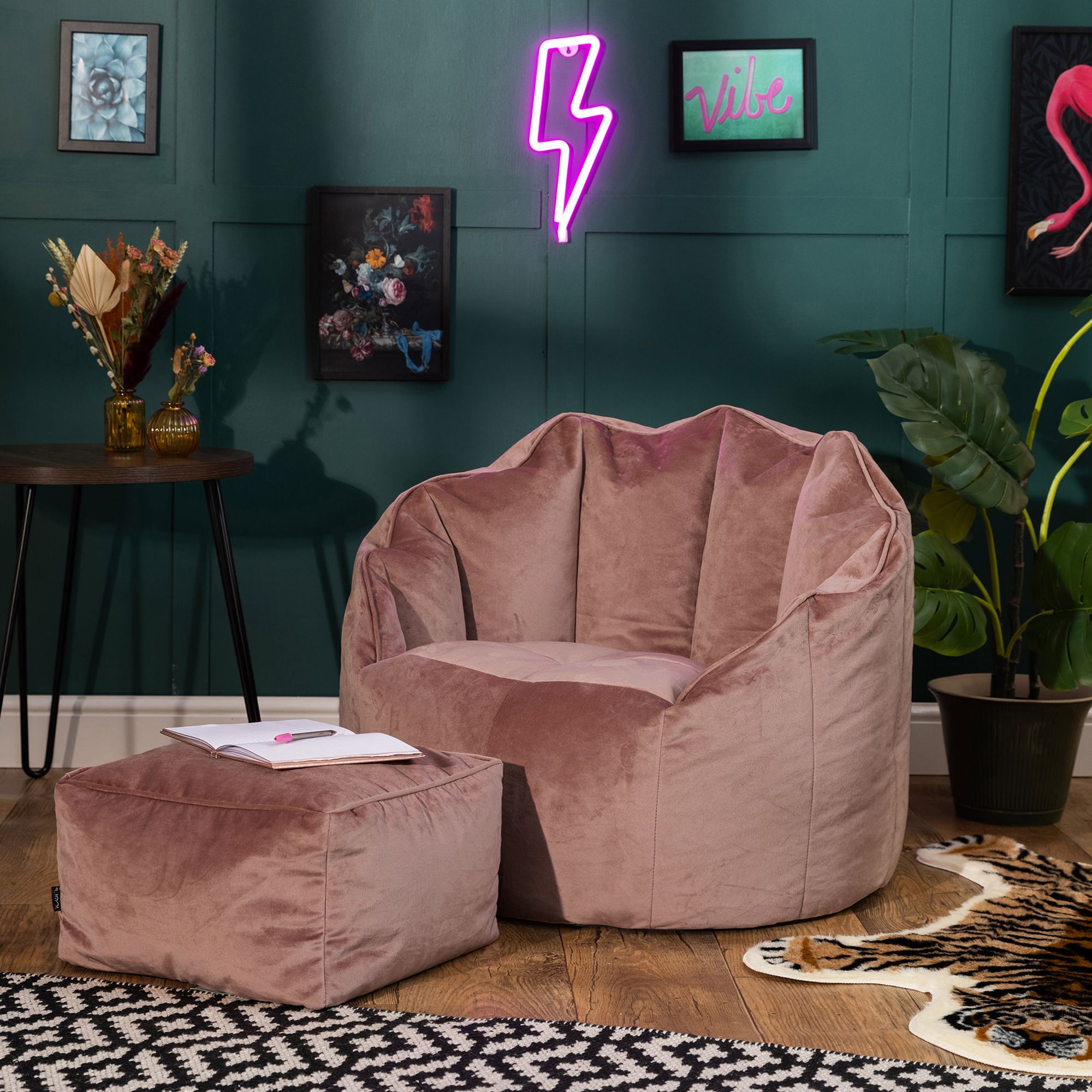icon Sirena Scallop Chair Bean Bag & Footstool Pink Velvet Bean Bags in Light Pink