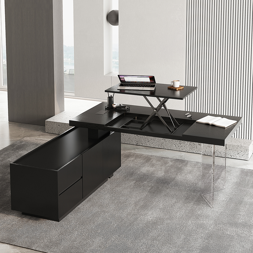 180 cm Modern Black L-Shape Executive Desk with Side Cabinet Height Adjustable Desktop Standing Desk with Clear Arcylic Leg