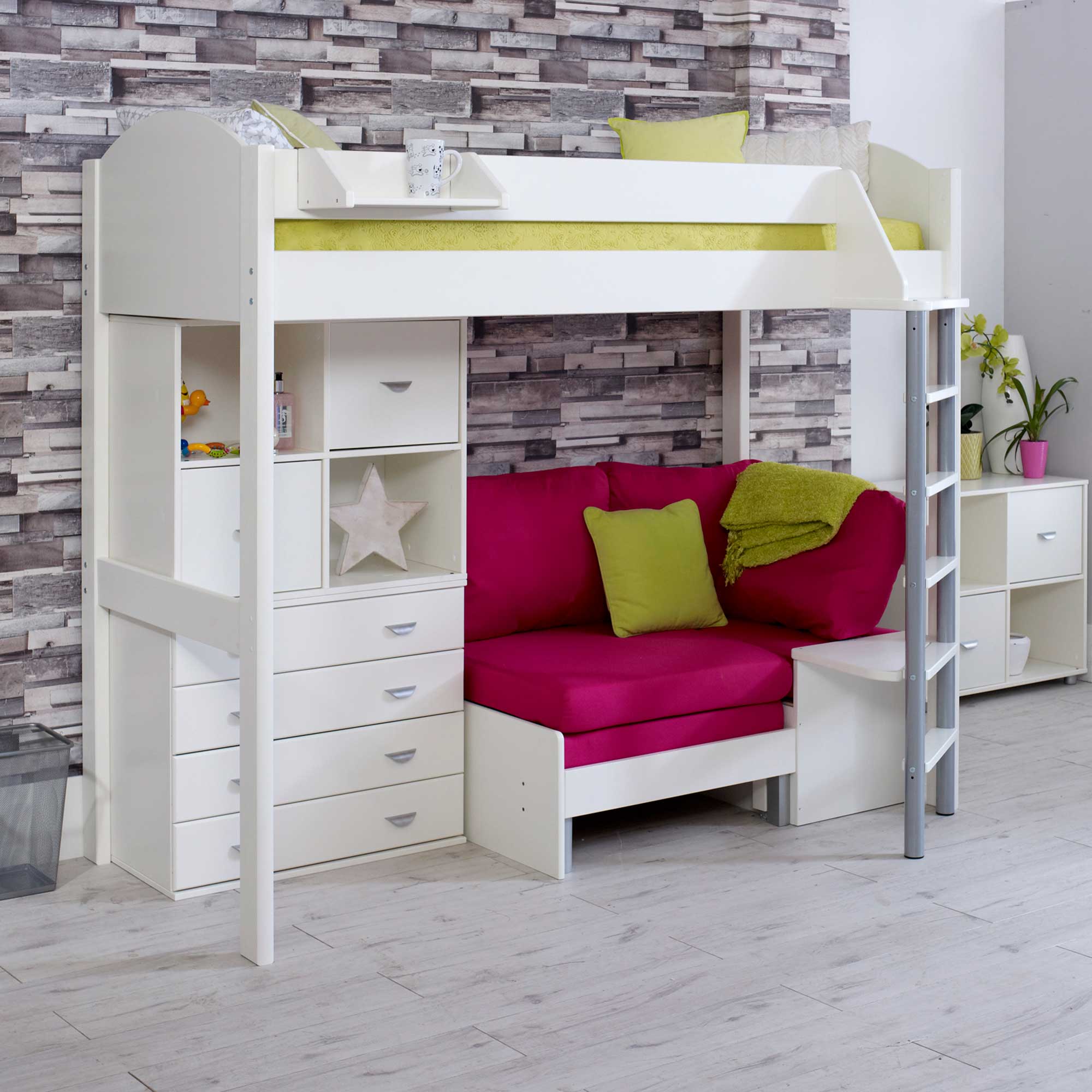 Nova F Childrens Highsleeper Bed with Chest, Bookcase and Futon