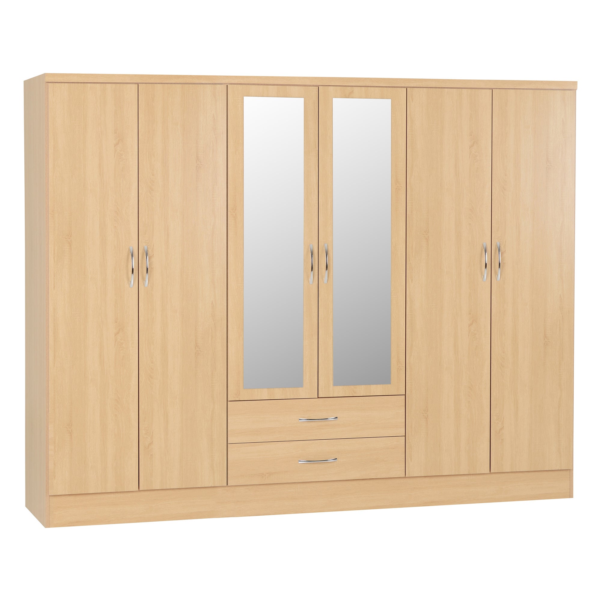 Nevada 6 Door 2 Drawer Oak Effect Mirrored Wardrobe Light Brown