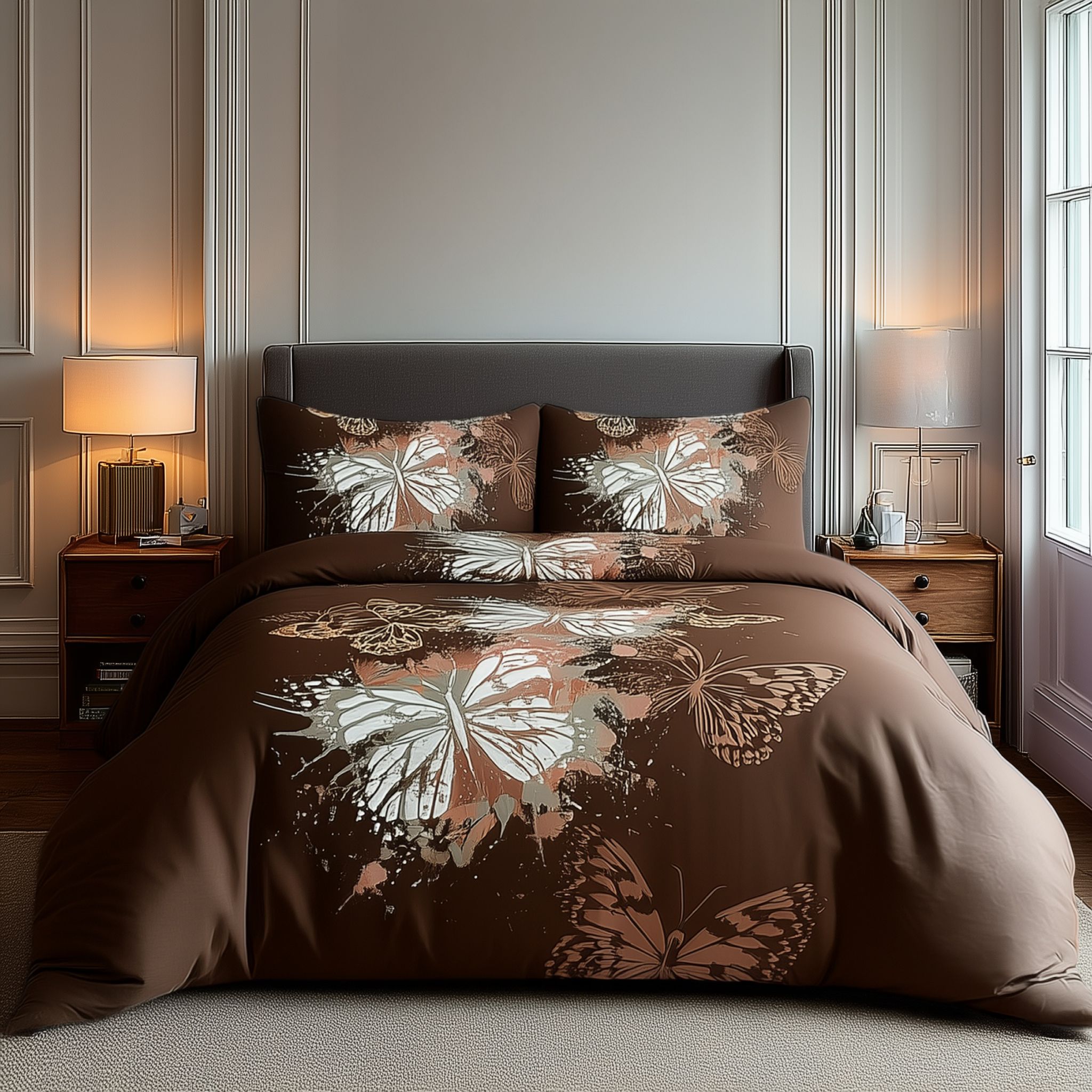 Snug City Duvet Cover & Pillowcase Set Printed Butterfly Design Bed Linen in Chocolate