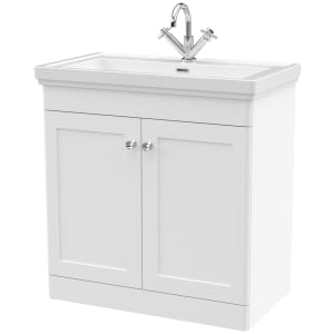 Classique Satin White Floor Standing 2-Door Vanity & Basin 1 Tap Hole - 865 x 830mm