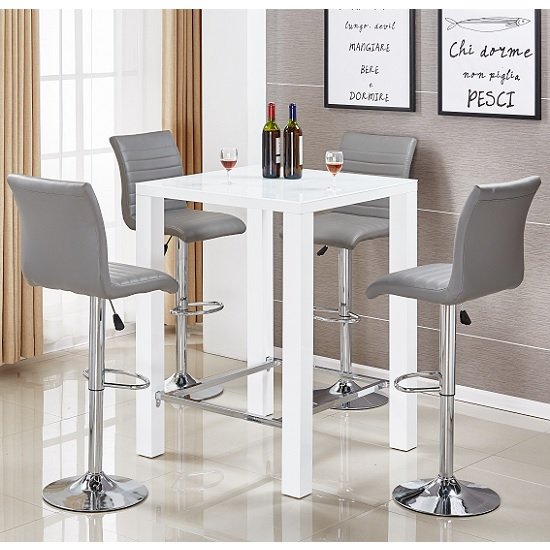 Jam Glass Bar Table Set In White Gloss 4 Ripple Grey Stools