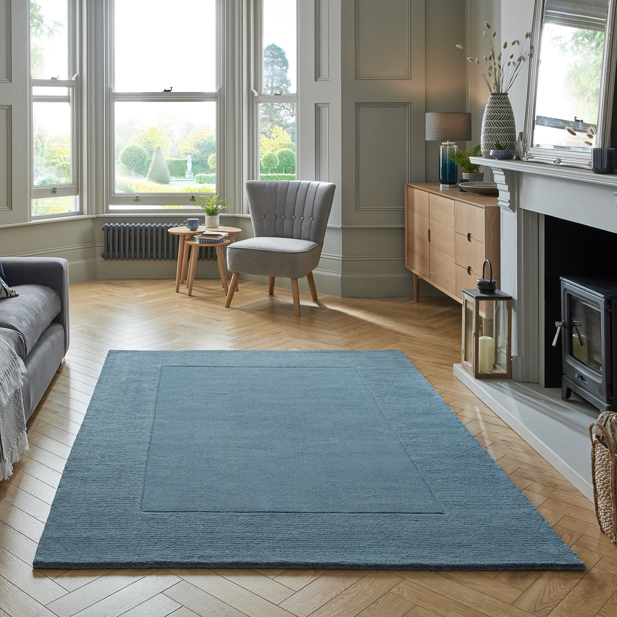 Boston Wool Border Rug Blue