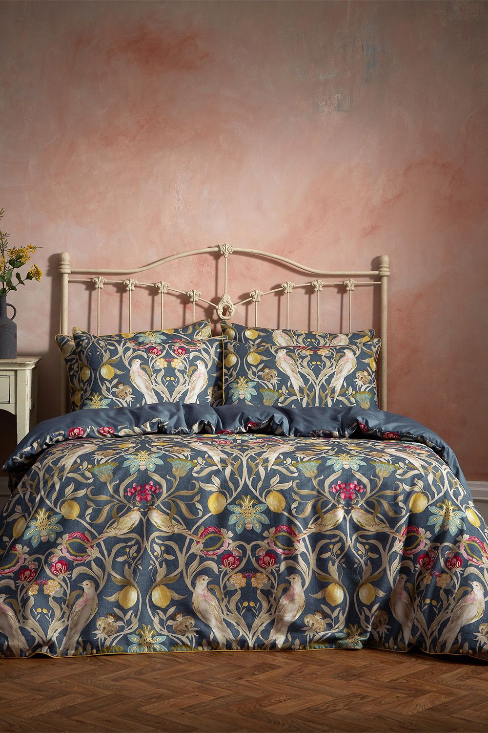 Edinburgh Weavers Songbird Floral Birds Luxury Cotton Piped Duvet Cover Set in Navy