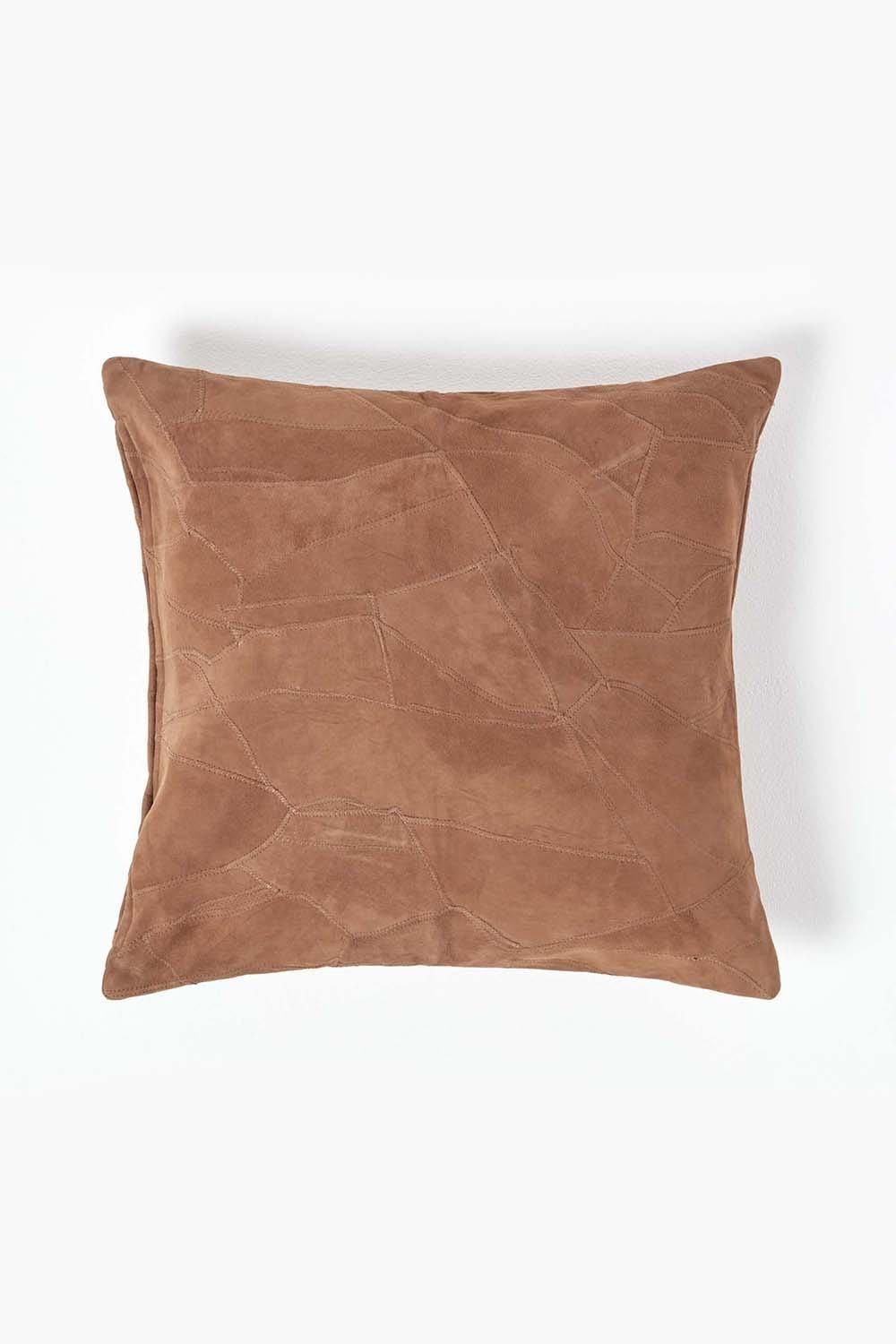 Homescapes Real Leather Suede Cushion with Feather Filling in Tan