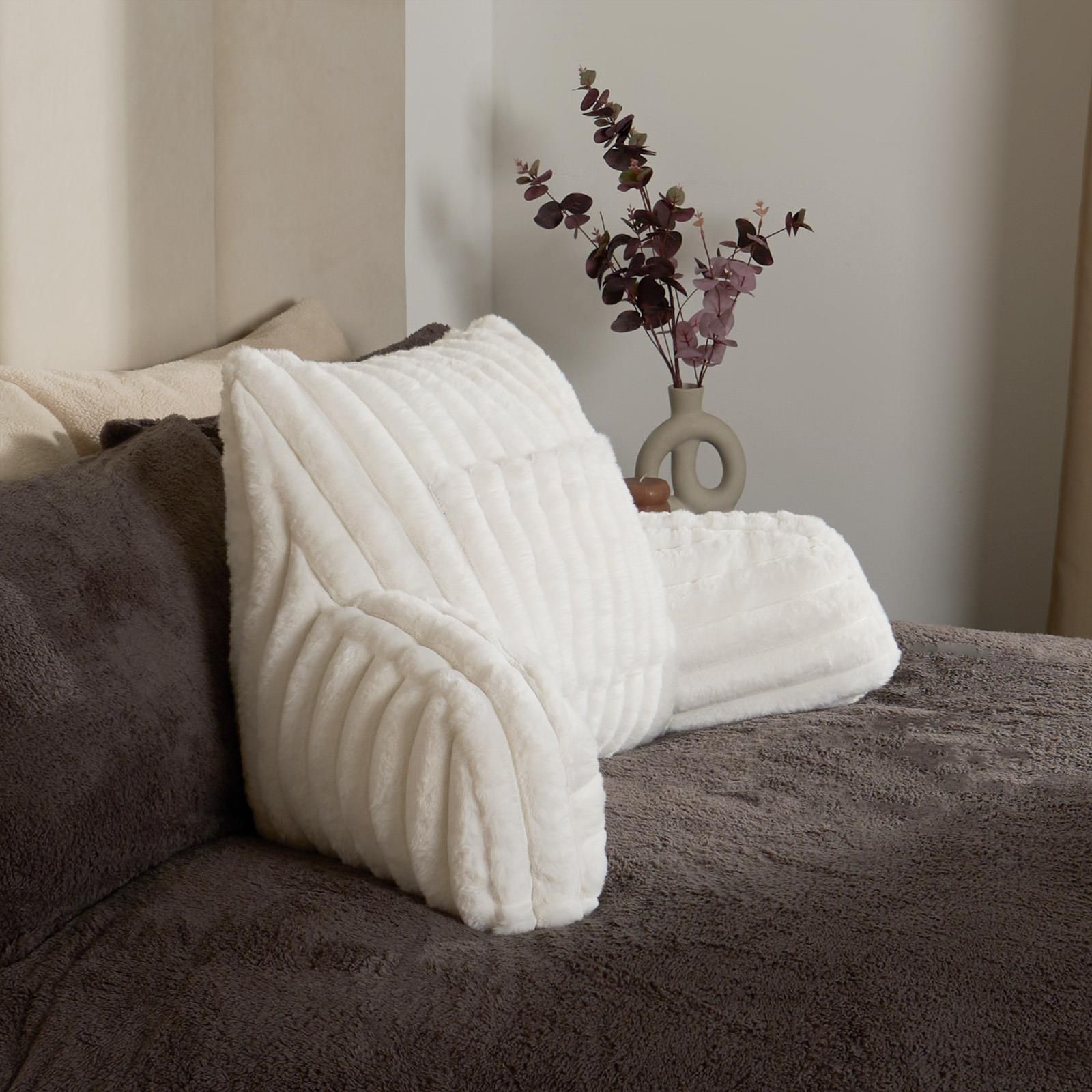 OHS Faux Fur Ribbed Reading Pillow Super Soft Heatable Cuddle Cushion in Cream