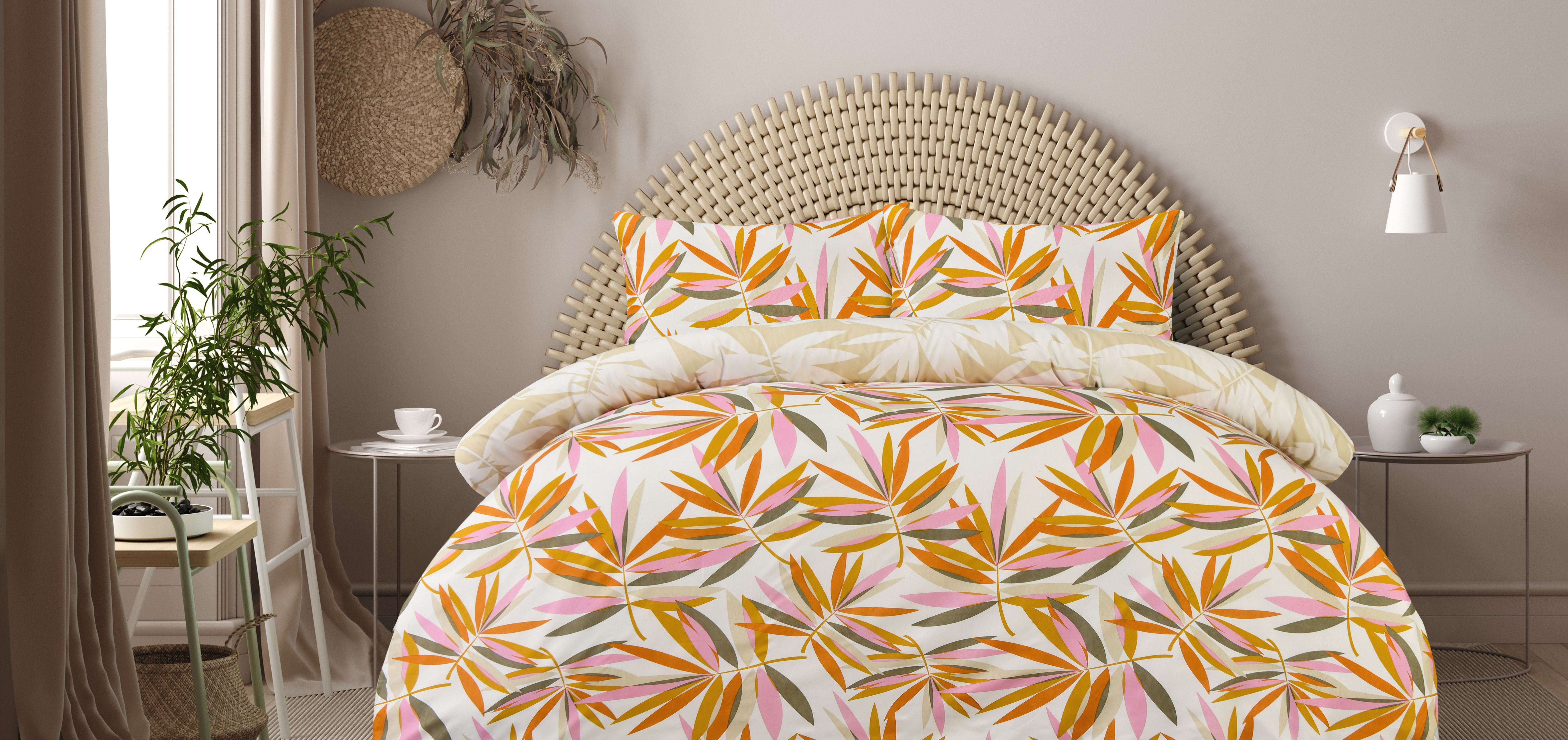Smart Living Luxury Super Soft Reversible Bright Leaves Duvet Cover With Pillowcase in Natural