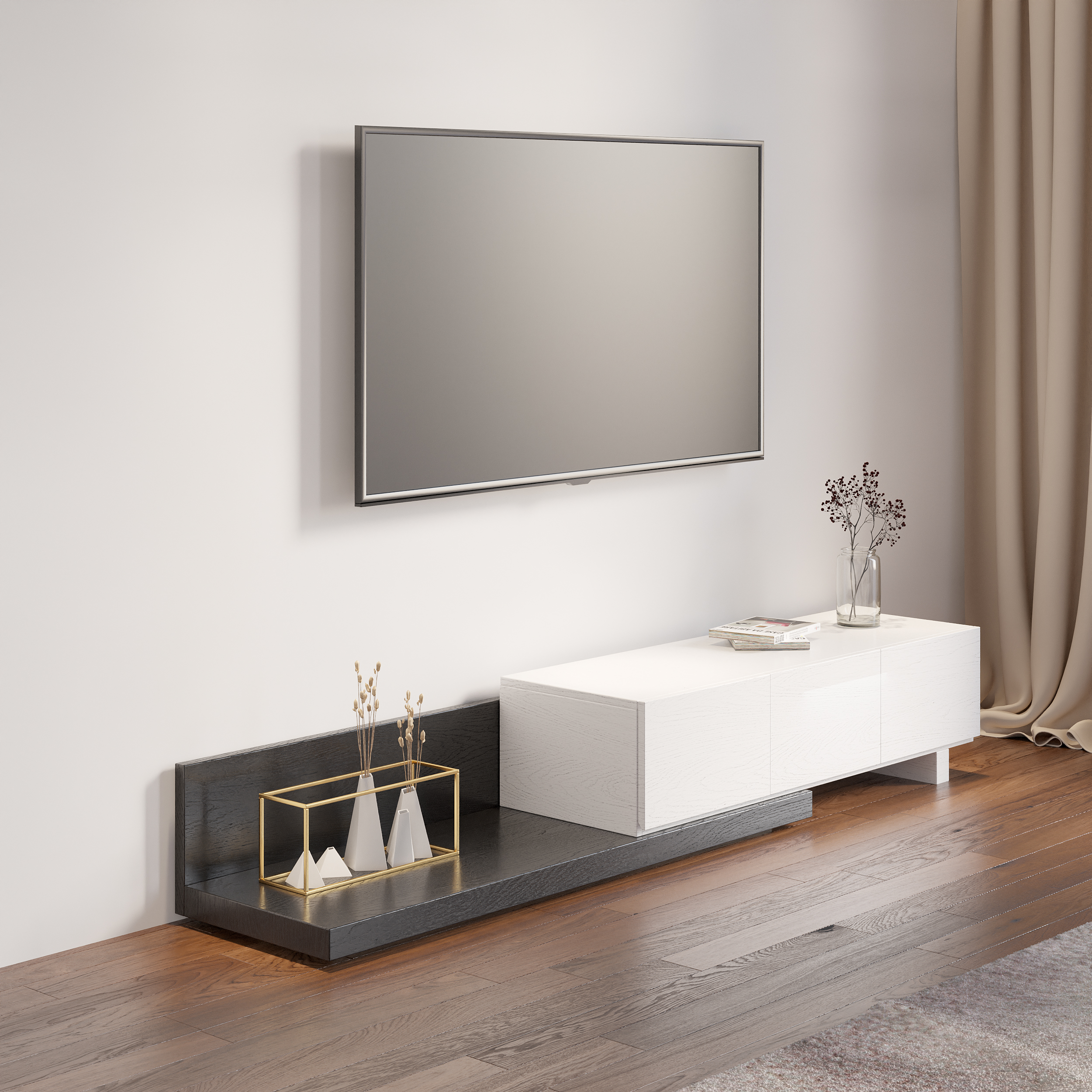Rectangle Wood Extendable TV Stand White & Black Floor Media Console with 3 Drawers