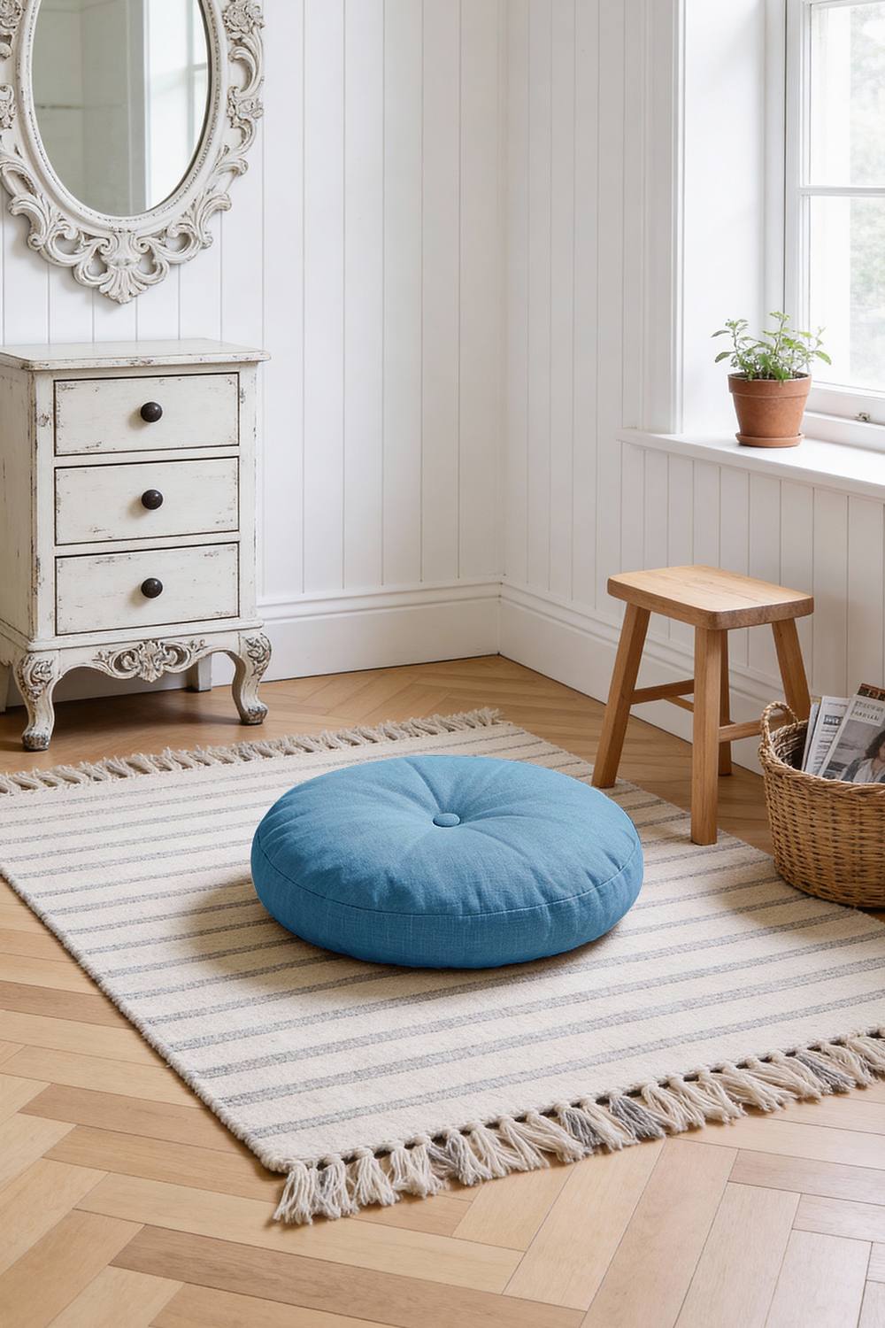 Detachable Round Floor Cushion in Bohemian Style in Blue