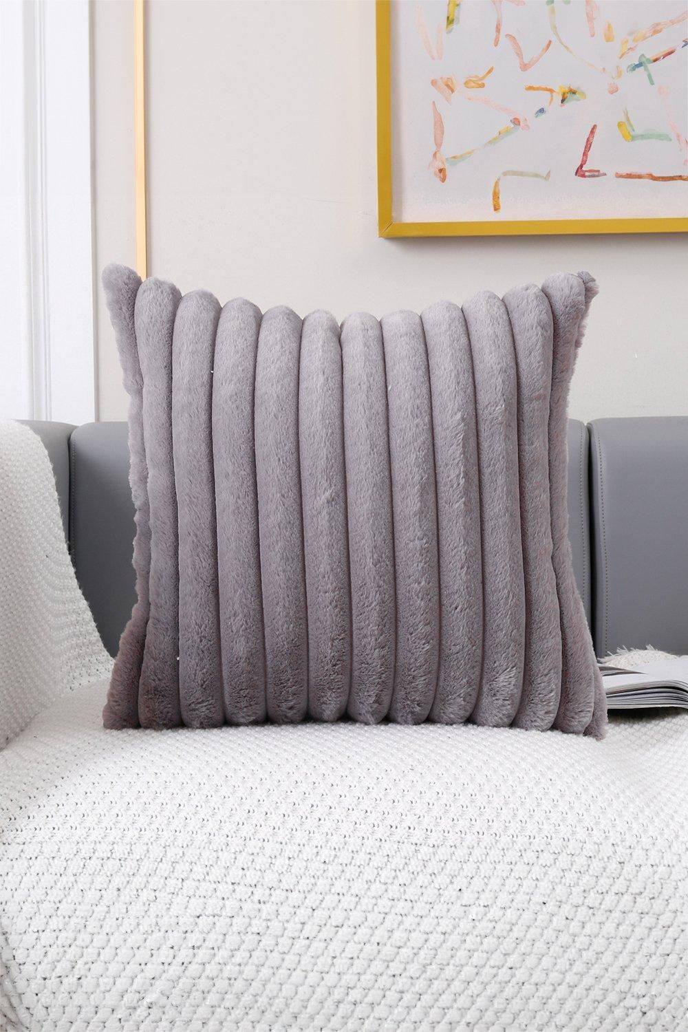 H&O Direct Grey Plush Sofa Throw Pillow with Striped Pillowcase