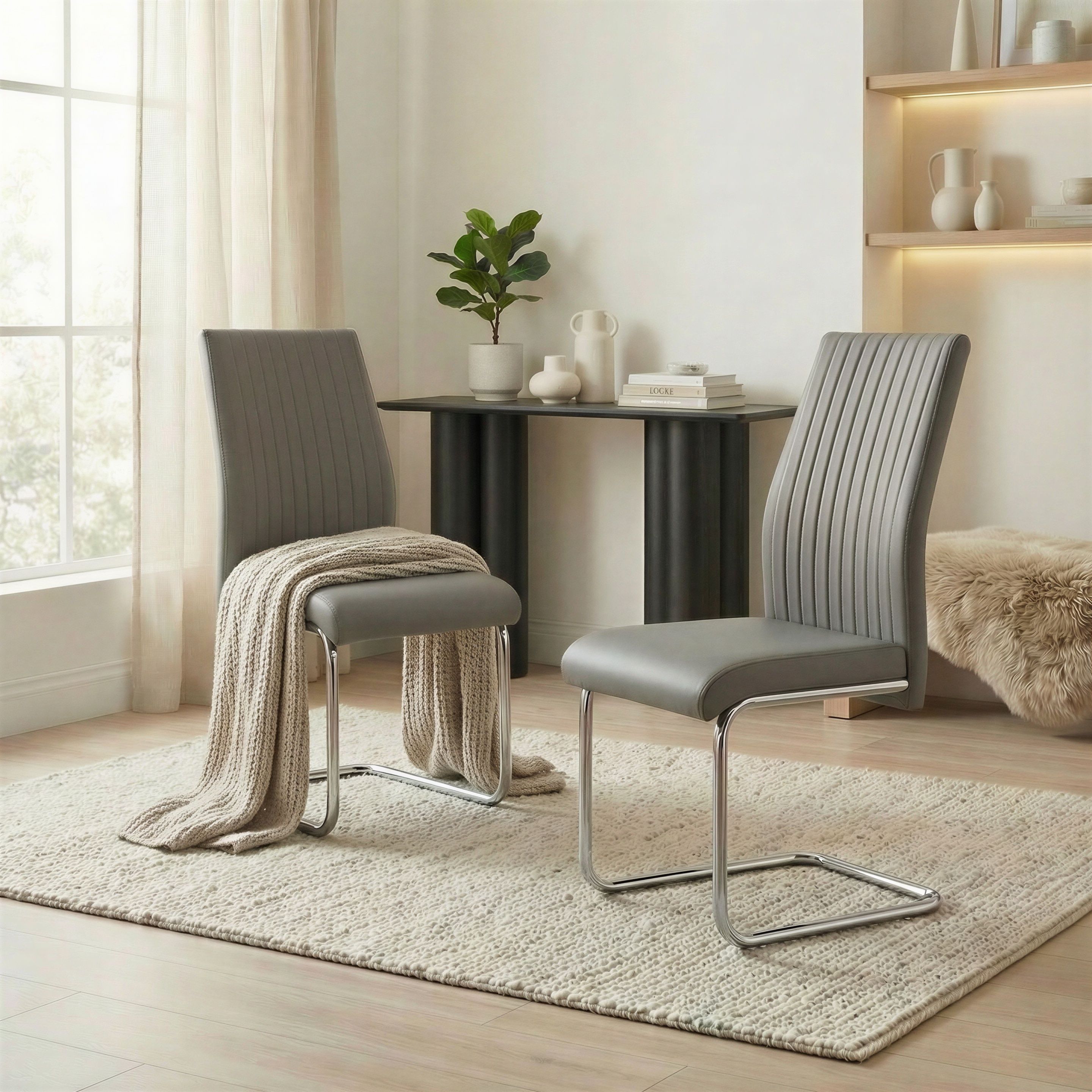 FurnitureboxUK 2x Lorenzo Faux Leather Chrome Dining Chairs in Grey