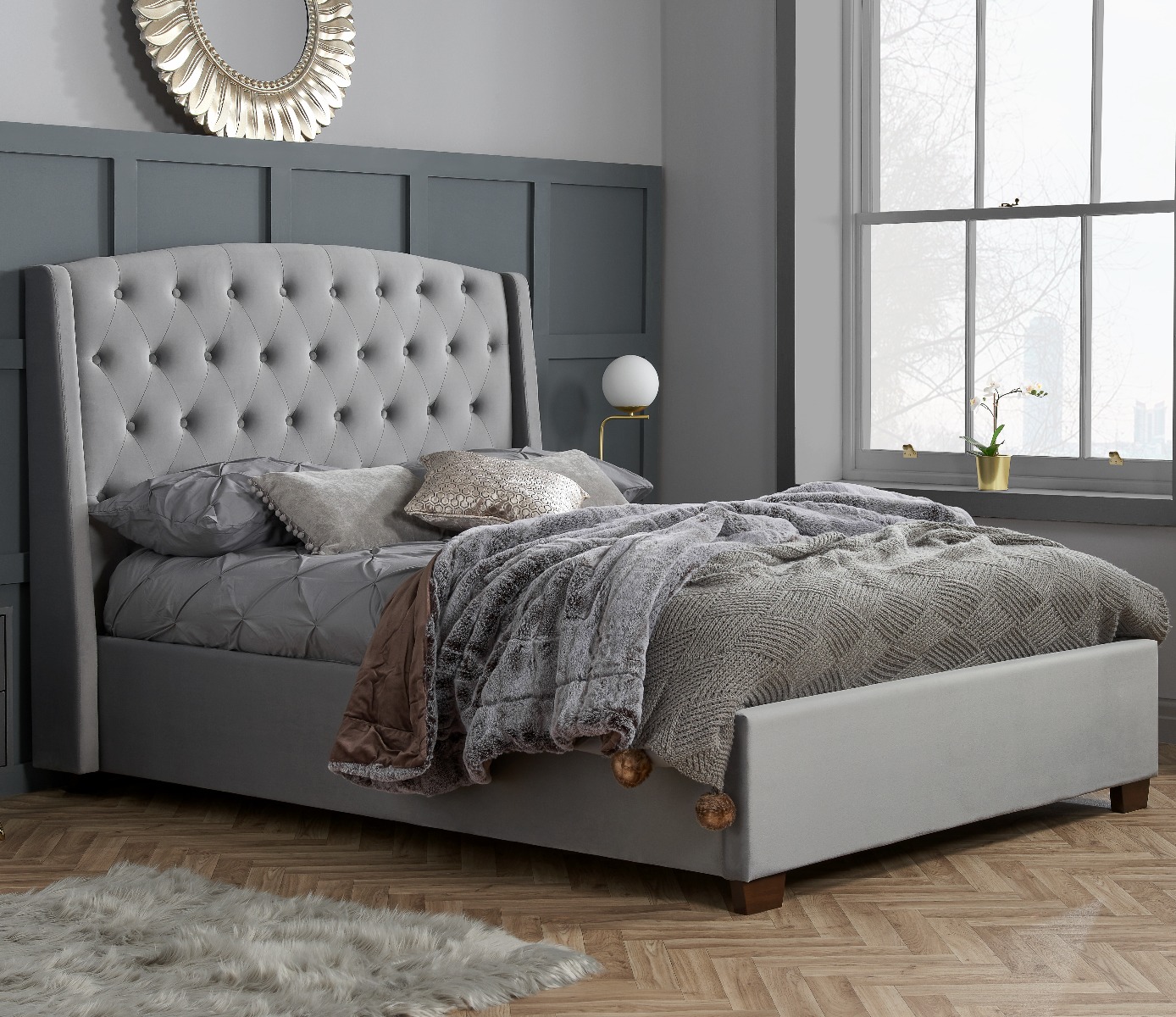 Balmoral Grey Velvet Fabric Winged Bed Frame - 6ft Super King Size