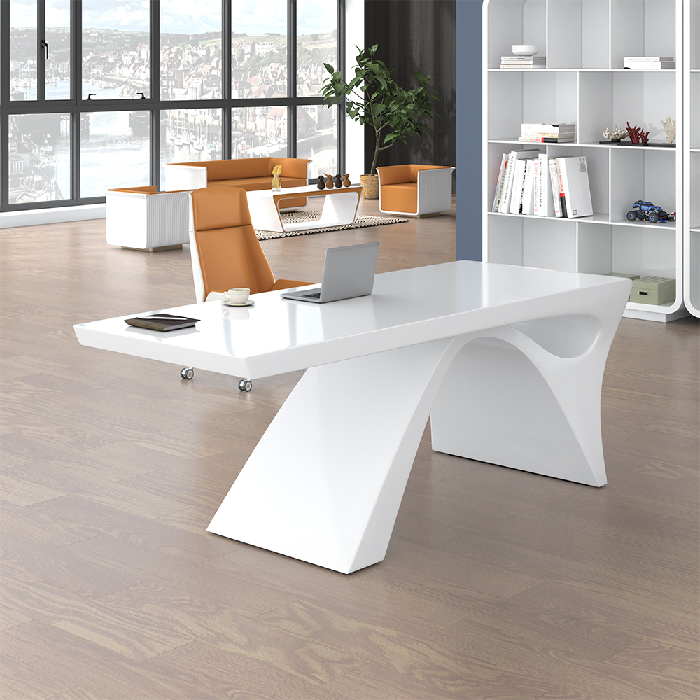 Modern White Computer Desk Rectangular Office Desk with Pedestal Base (180 cm)
