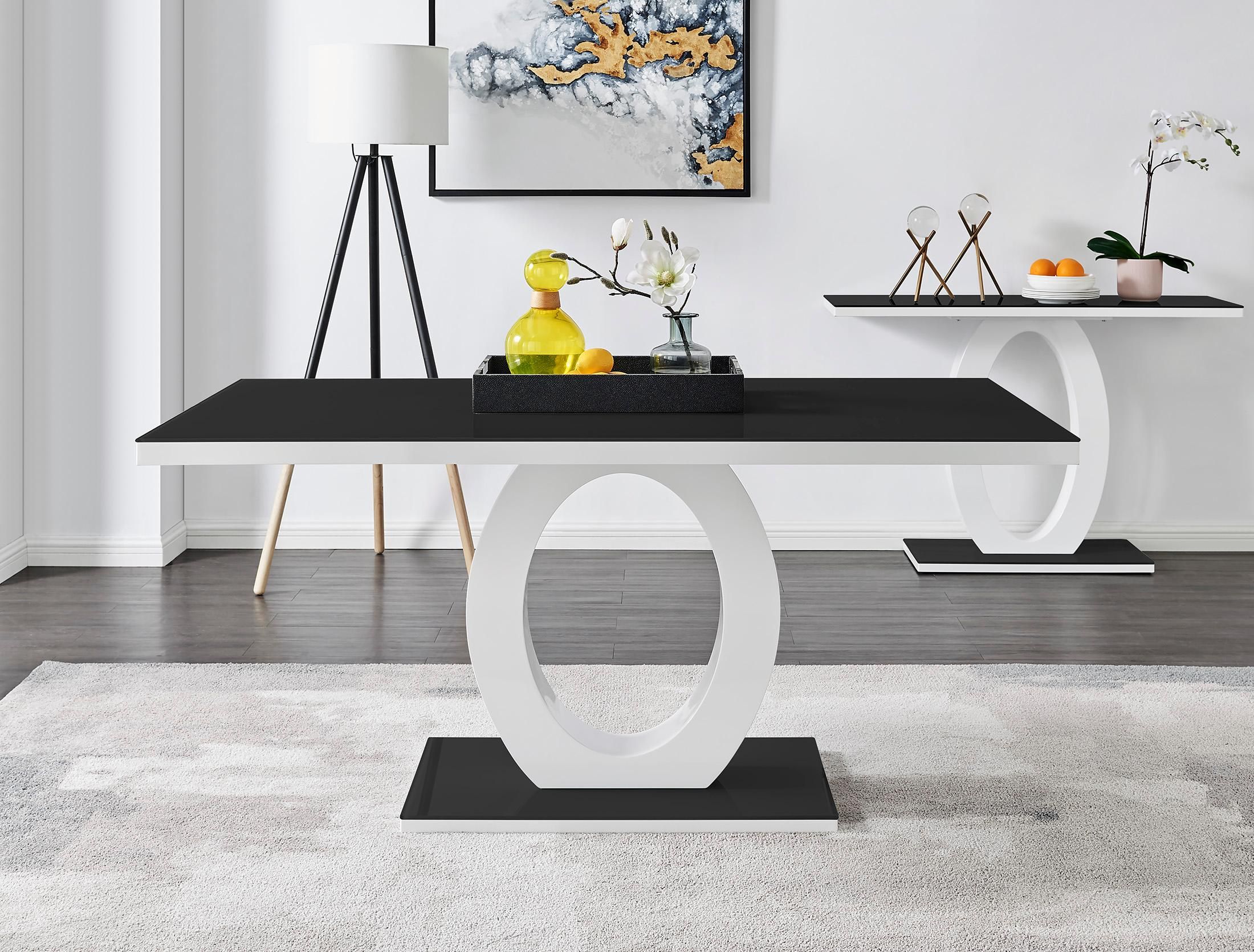FurnitureboxUK Giovani Rectangular 6 Seat White High Gloss Unique Halo Base Dining Table Black Glass Top 6 Soft Velvet Silver Leg Pesaro Chairs 2
