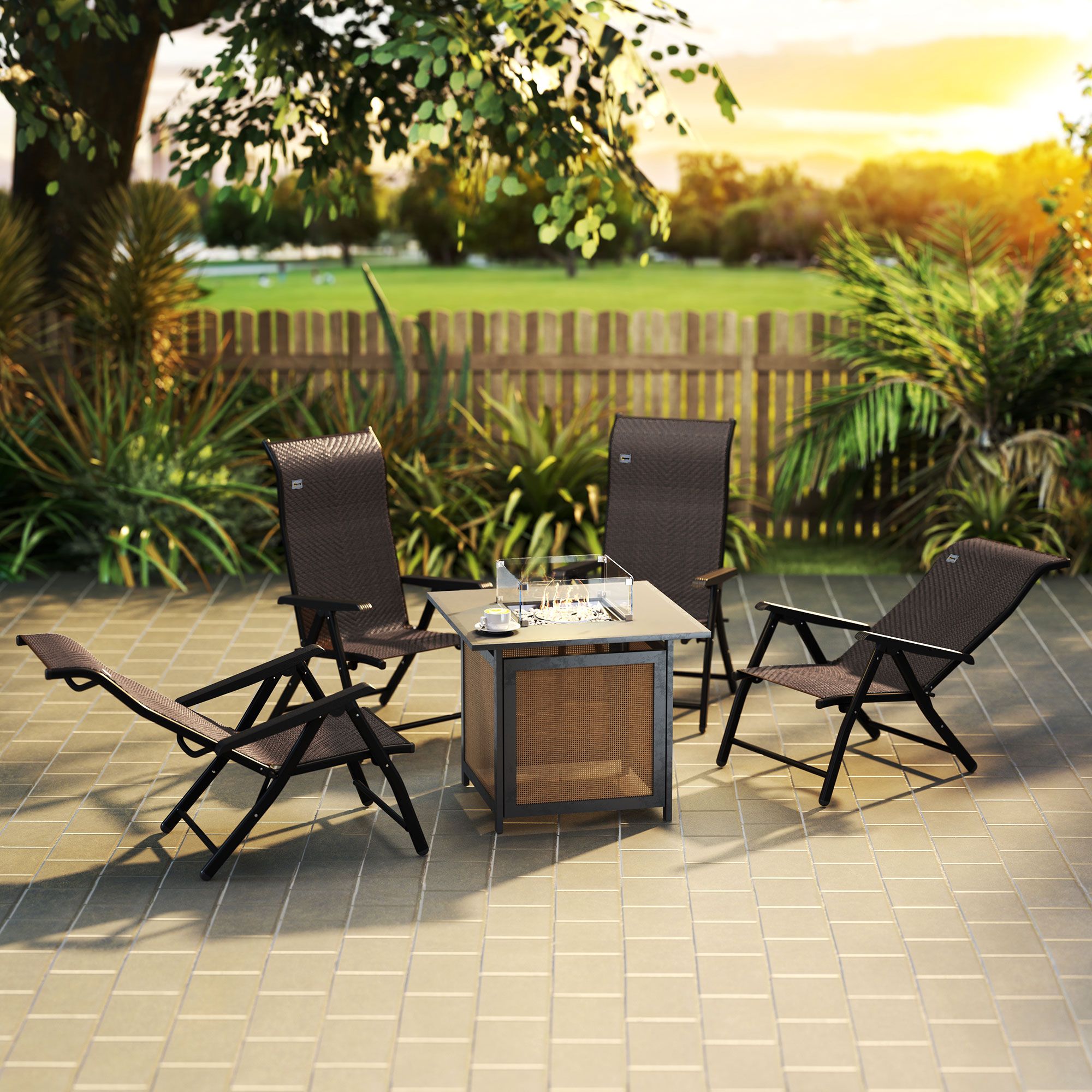 OUTSUNNY 4 PCs Outdoor Rattan Folding Chair Set with 7 Levels Adjustable Backrest Dark Brown