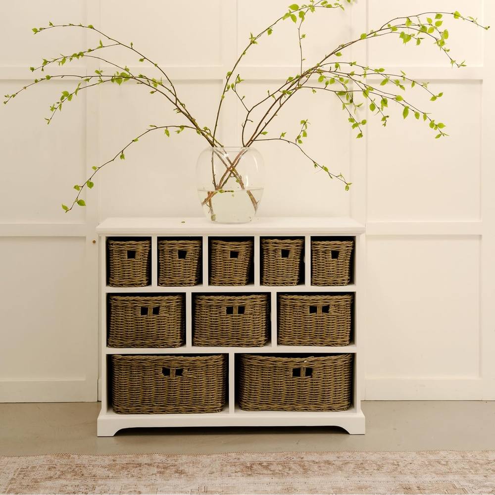 Statement Furniture Tetbury 10 Drawer Storage Unit with Brown Faux Wicker Baskets in White