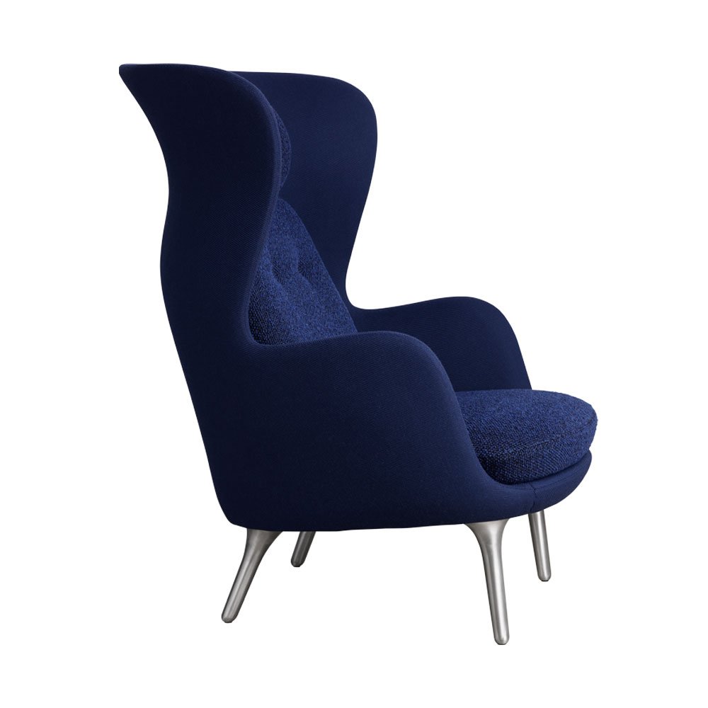 Fritz Hansen Ro Easy Chair Dark Blue and Twill Fabric Aluminium Legs