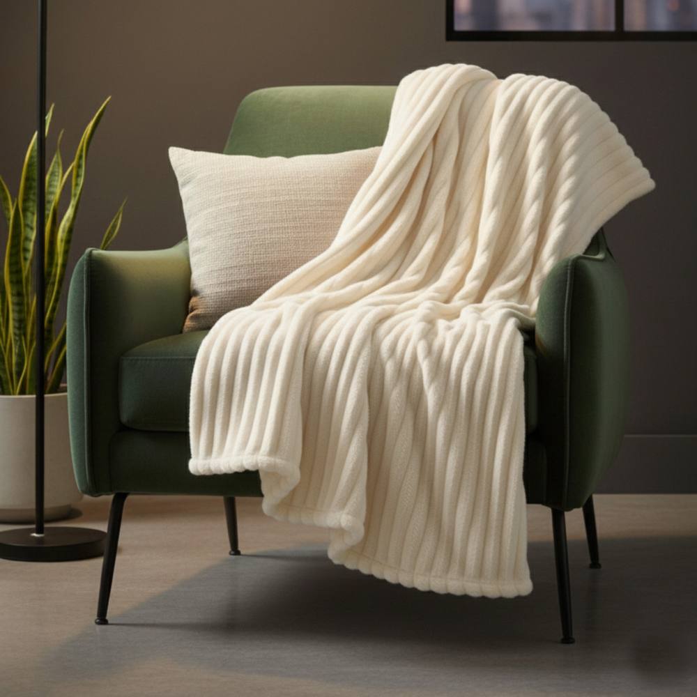 Snug City Chunky Ribbed Mink Throw Ultra Soft Warm Elegant Blanket for Sofa Bed in Cream