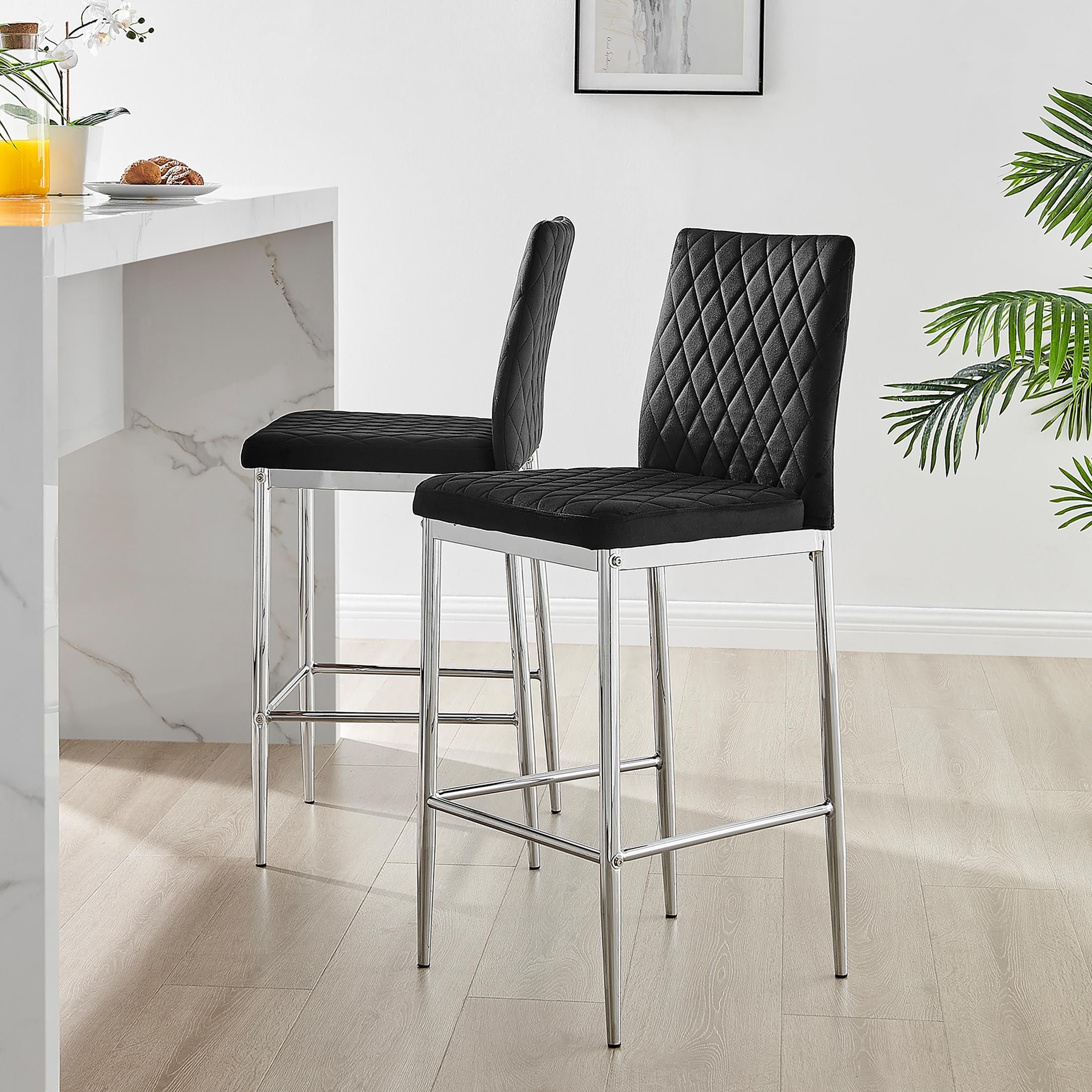FurnitureboxUK Set of 2 Milan Soft Touch Hatched Velvet Padded Counter Stools With Silver Chrome Metal Legs in Black