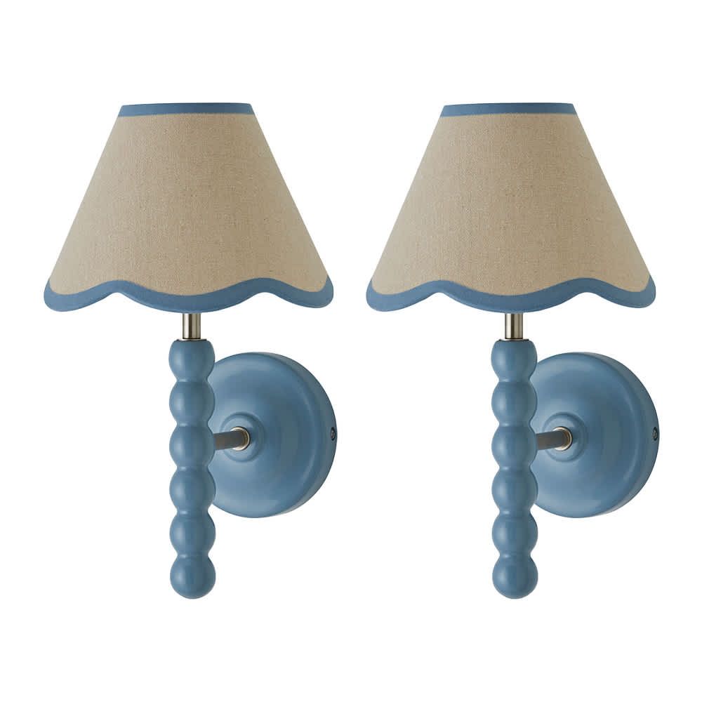 ValueLights Bobbins Pair of Blue Wall Lights with Linen Trim Lamp Shades & Bulbs in Pale Blue