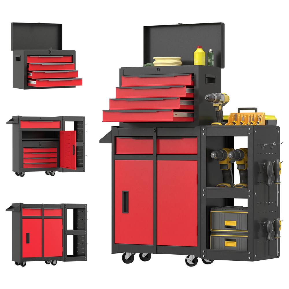 HOMCOM Modular Tool Chest, Tool Trolley with Side Rack, Pegboard for Garage in Black 2