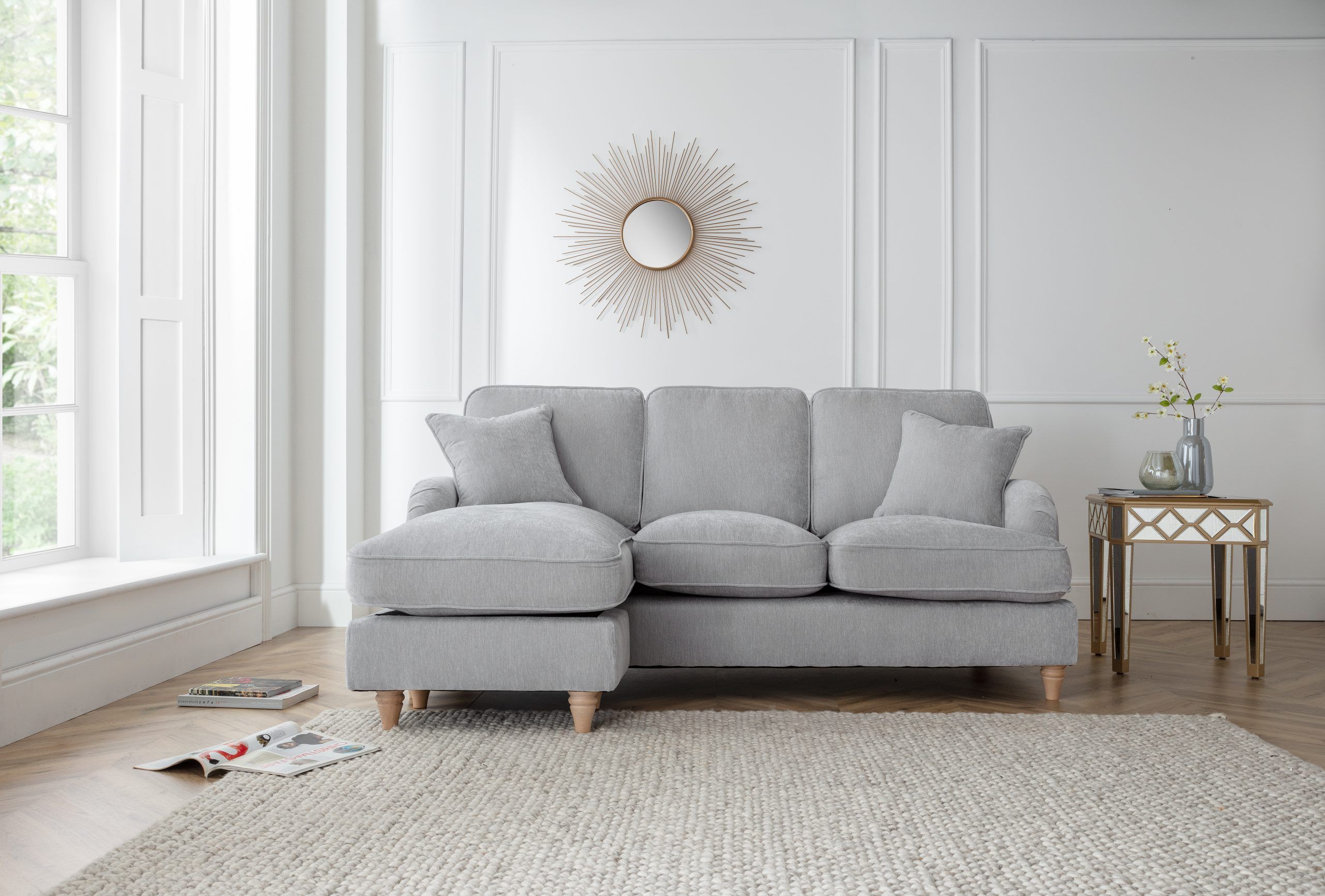 The Great Sofa Company Orla Left Hand Chaise Sofa Manhattan Navy in Light Grey
