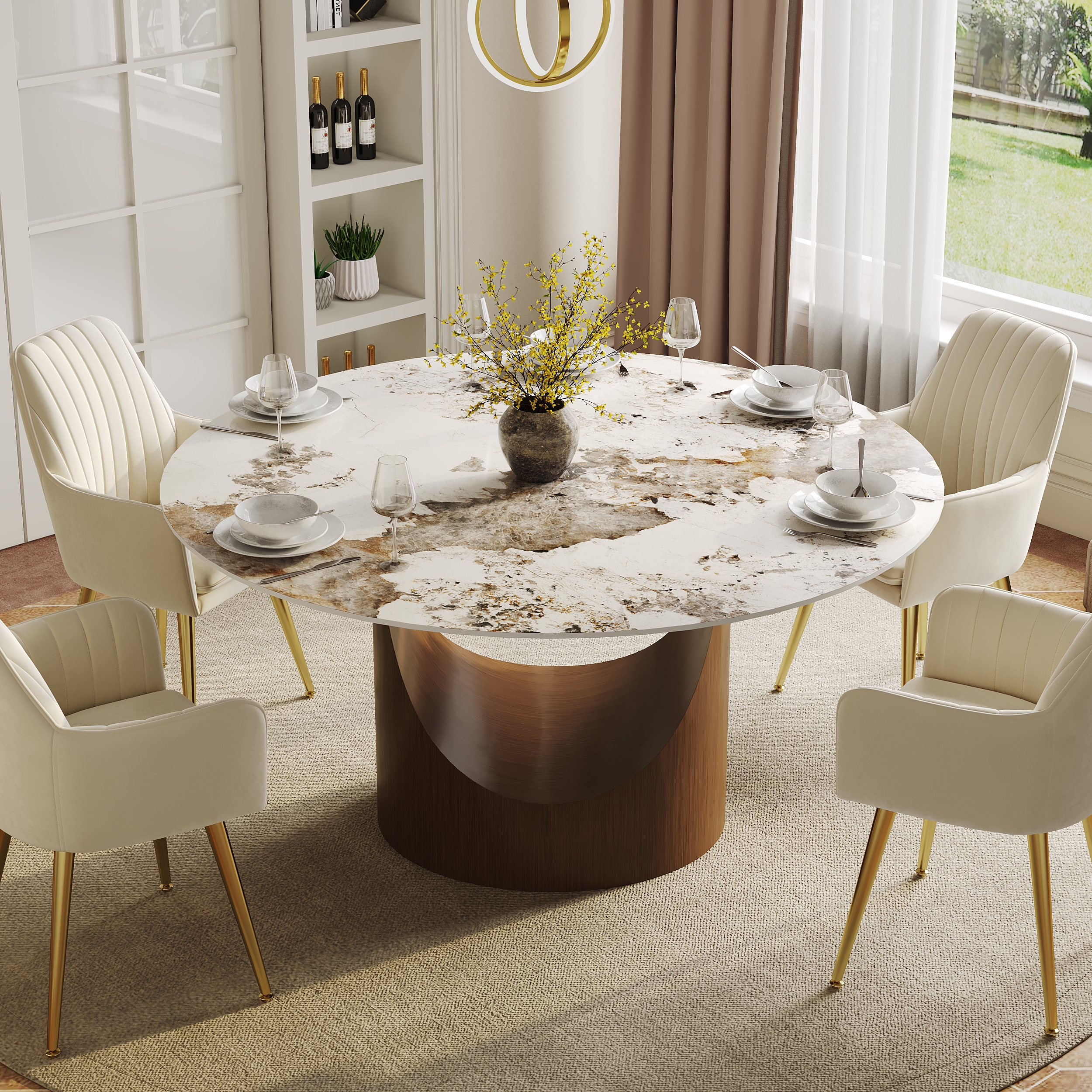 53" Pandora Glossy Faux Marble Dining Table Round with Stainless Base for 6 People